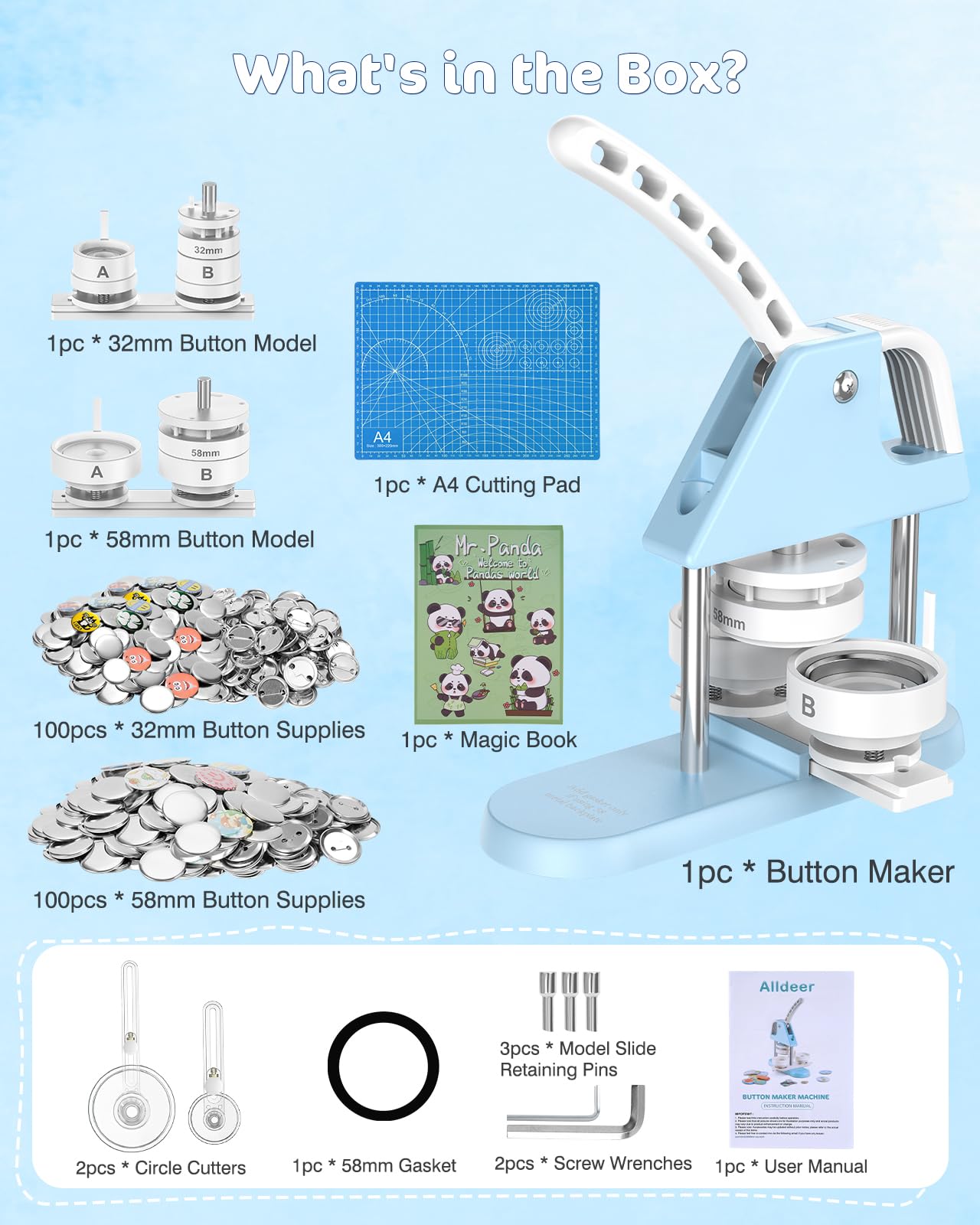 32mm & 58mm Professional Button Maker Machine Kit - Includes 200 Metal Backings, Sturdy Aluminum Body (1.25 & 2.25 Inch) for DIY Badges, Pins & Custom Buttons - Perfect for Craft Fairs, School Projects, Promotions & Personalized Gifts