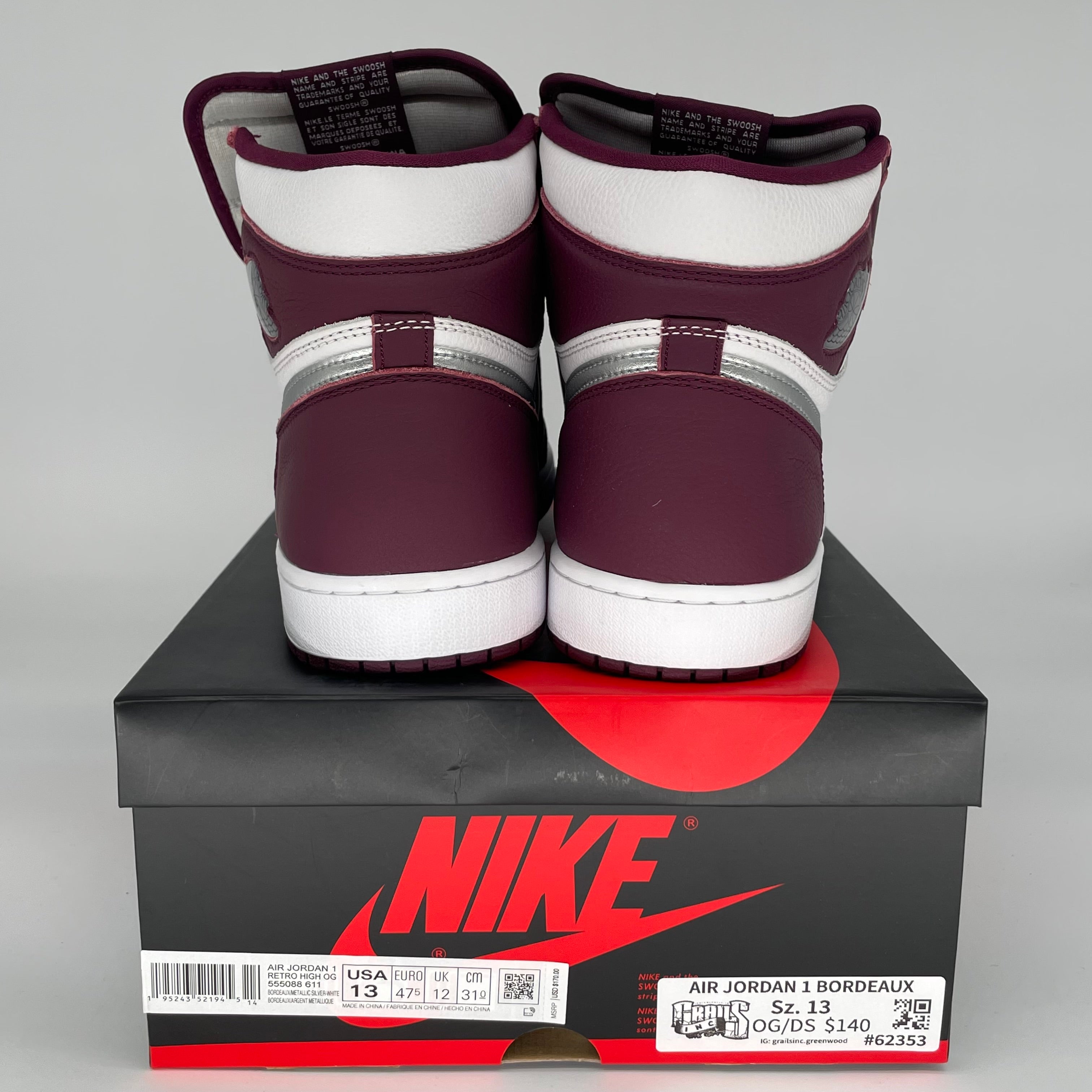AIR JORDAN 1 Bordeaux Red Men's Basketball Shoes Size 13 - Retro High OG 555088-611 for Sneaker Collectors & Streetwear Fashion