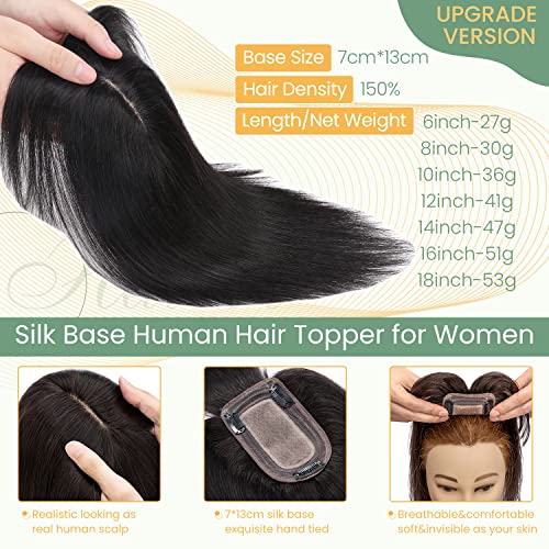 Clip in Human Hair Topper with Silk Base - Natural Looking Hairpiece for Thinning Hair - Perfect for Daily Wear, Special Occasions & Styling