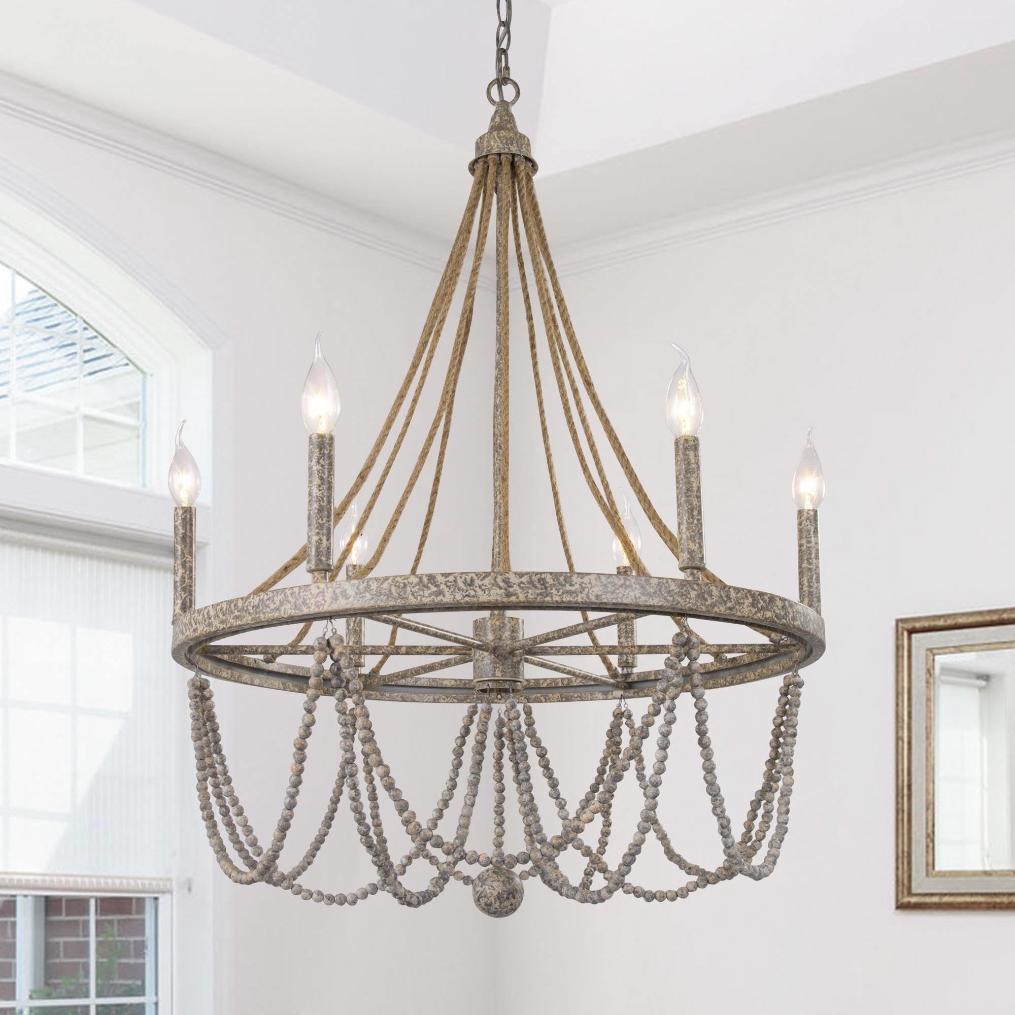 Rustic Wood Beaded 6-Light Boho Chandelier with Hemp Ropes - Farmhouse Style Distressed Granite Finish Lighting Fixture for Dining Room, Bedroom, Living Room & Entryway | Perfect for Boho, Farmhouse & Rustic Home Decor