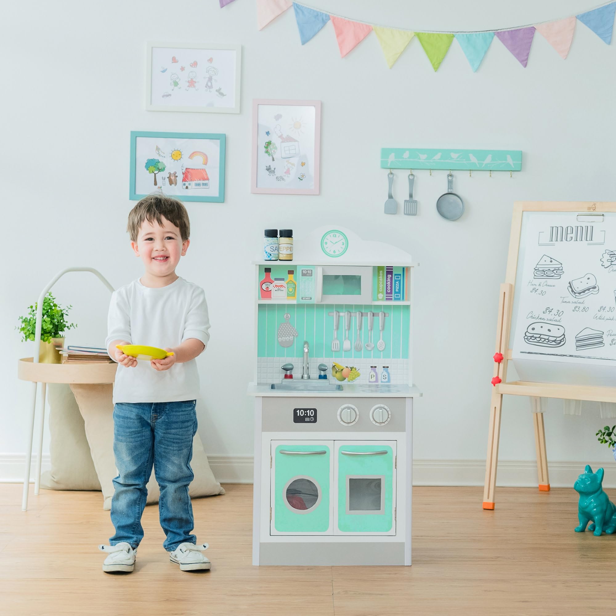 Teamson Kids Little Chef Madrid Classic Interactive Wooden Play Kitchen Set - Pretend Play Toy with Sink, Oven, Microwave & Storage - Easy Clean Gray & Mint Design - Perfect for Toddlers & Preschoolers Role Play, Birthday Gifts & Daycare Learning Activities
