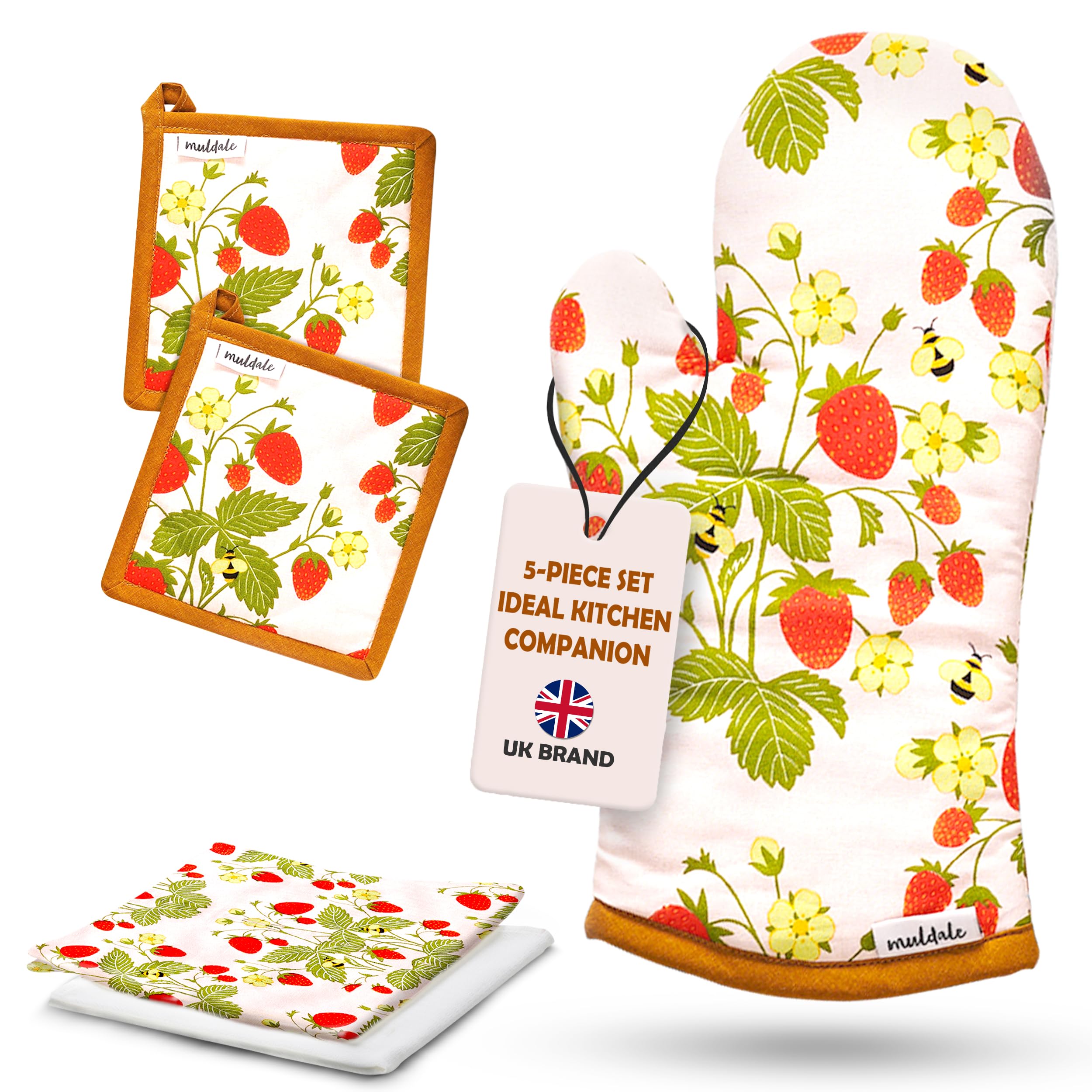 Muldale Oven Mitt and Kitchen Towel Set - 5-Piece Strawberry Pattern Heat Resistant Pot Holders & Dish Cloths - Kitchen Textile Decor Accessories for Baking, Cooking & Home Decor