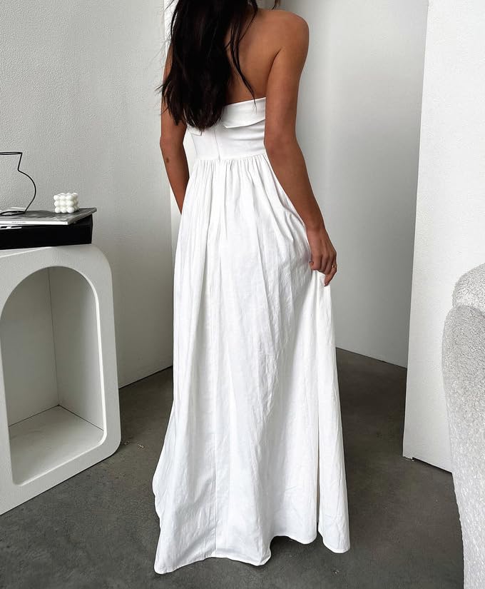 2024 Trendy Women's Summer Strapless Maxi Tube Dress - Solid Pleated Flowy Wedding Guest Dress for Party, Club & Beach Vacation | Elegant Evening Wear & Casual Outfit