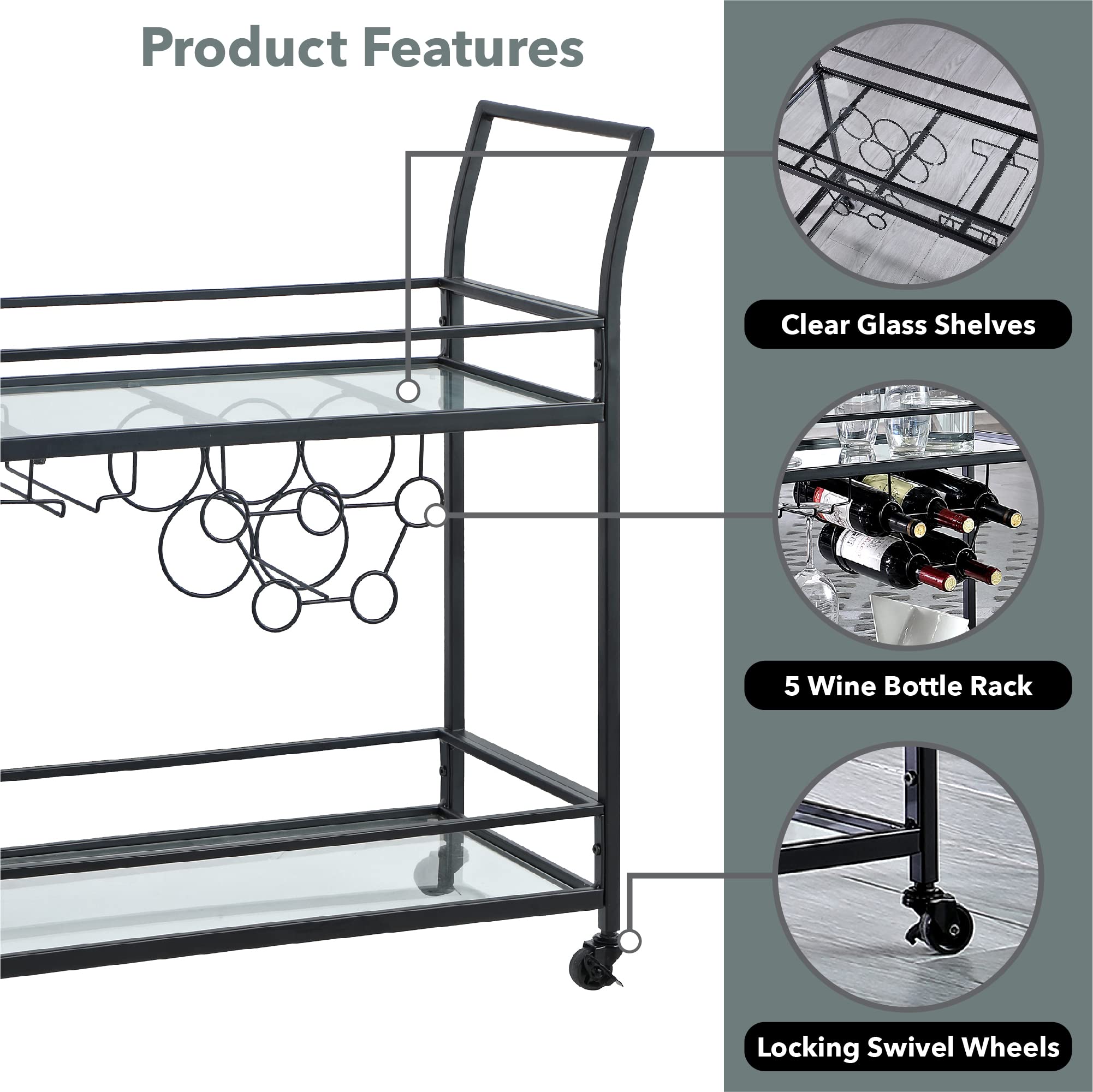 FirsTime & Co. Black Francesca 2-Tier Rolling Bar Cart - Modern Metal & Glass Kitchen Serving Cart with Storage for Wine Glasses - Perfect for Home Bar, Coffee Station, Living Room or Dining Room Entertaining