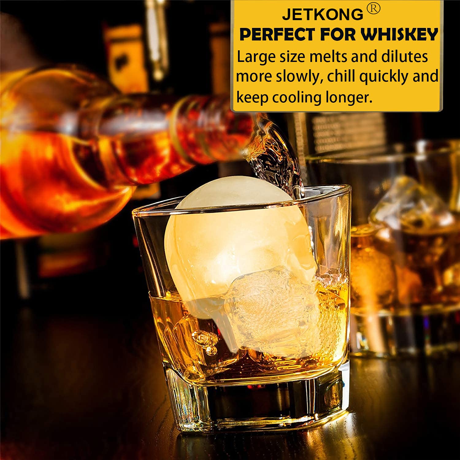 JETKONG Large Skull Ice Mold - 4 Cavity Silicone Ice Cube Tray for Whiskey, Bourbon, Cocktails & Juice - Perfect for Halloween Parties, Themed Drinks & Home Bars