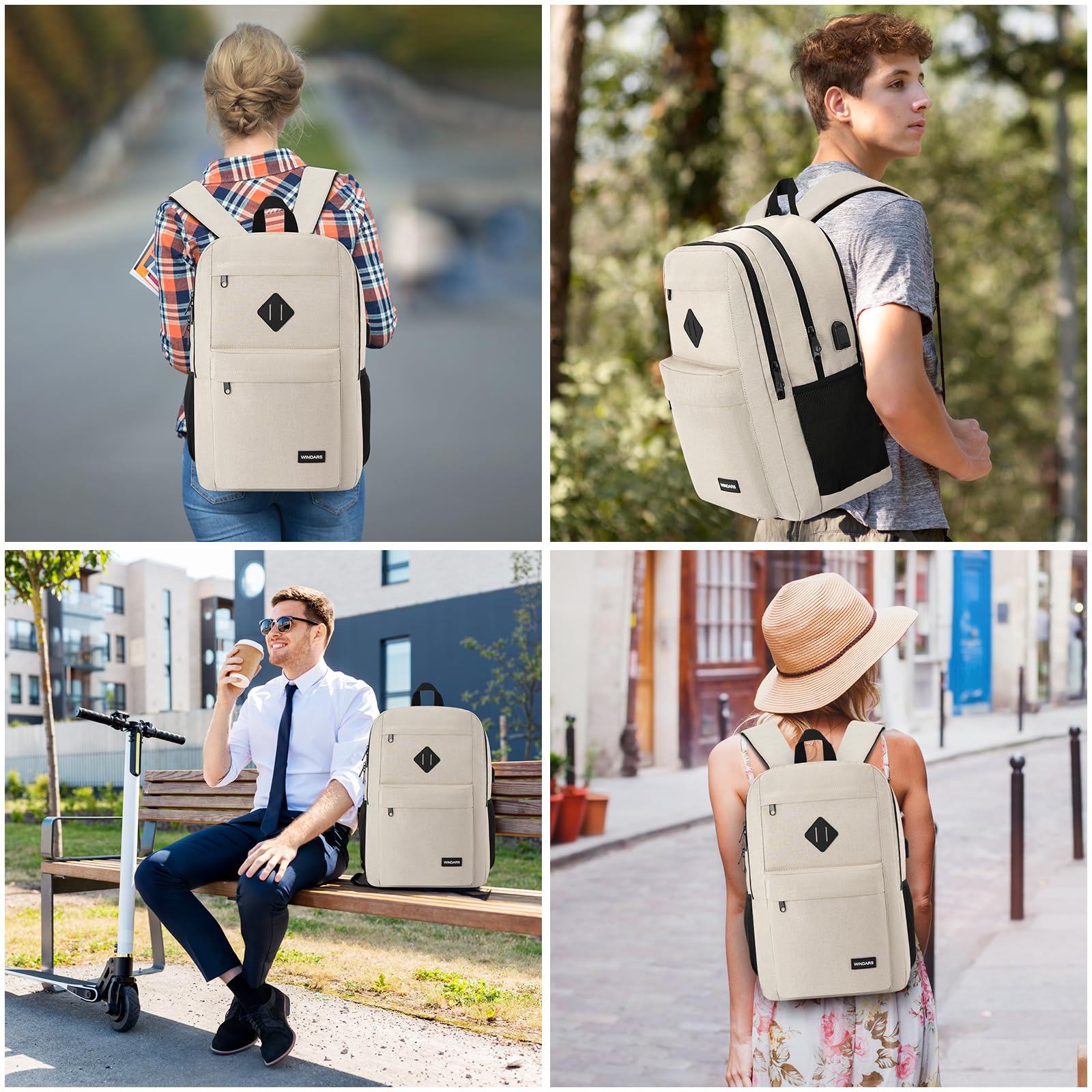 Stylish 15.6 Inch Laptop Backpack for Men & Women - Durable School Bookbag with USB Charging Port & 2 Compartments - Perfect for College, Work, Travel & Business (Beige) - Ideal for Daily Commute, Campus Life & Business Trips