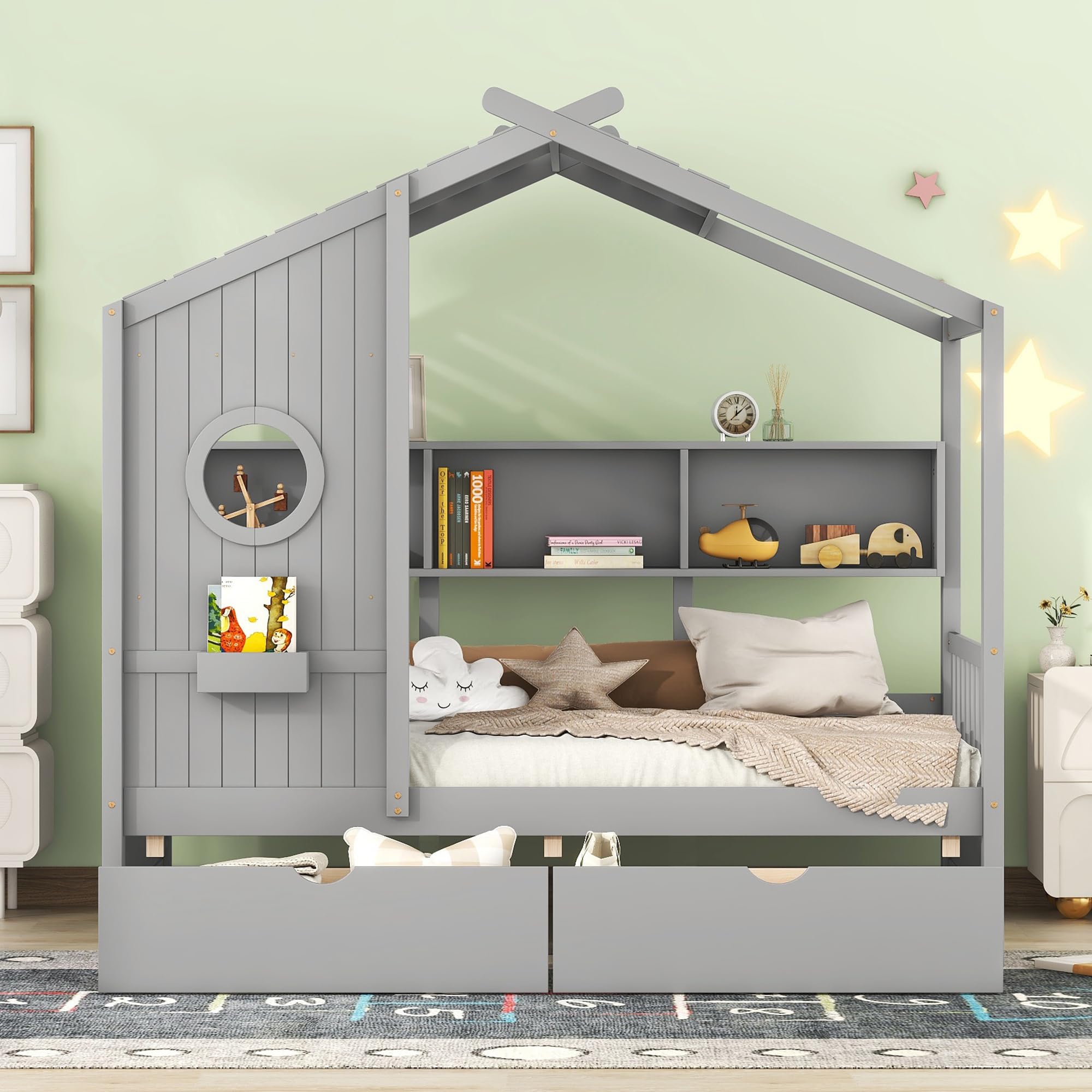 Wooden Twin Size House Bed with 2 Drawers - Kids Storage Bed with Shelf for Boys, Girls & Teens - Space-Saving Bedroom Furniture (Twin, Gray) - Perfect for Small Rooms, Playrooms & Sleepovers