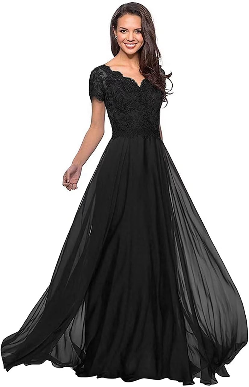 Elegant Mother of the Bride Dress for Women - Short Sleeve V-Neck Chiffon Formal Evening Gown with Long Train (ZS20) | Perfect for Weddings, Parties, and Special Occasions