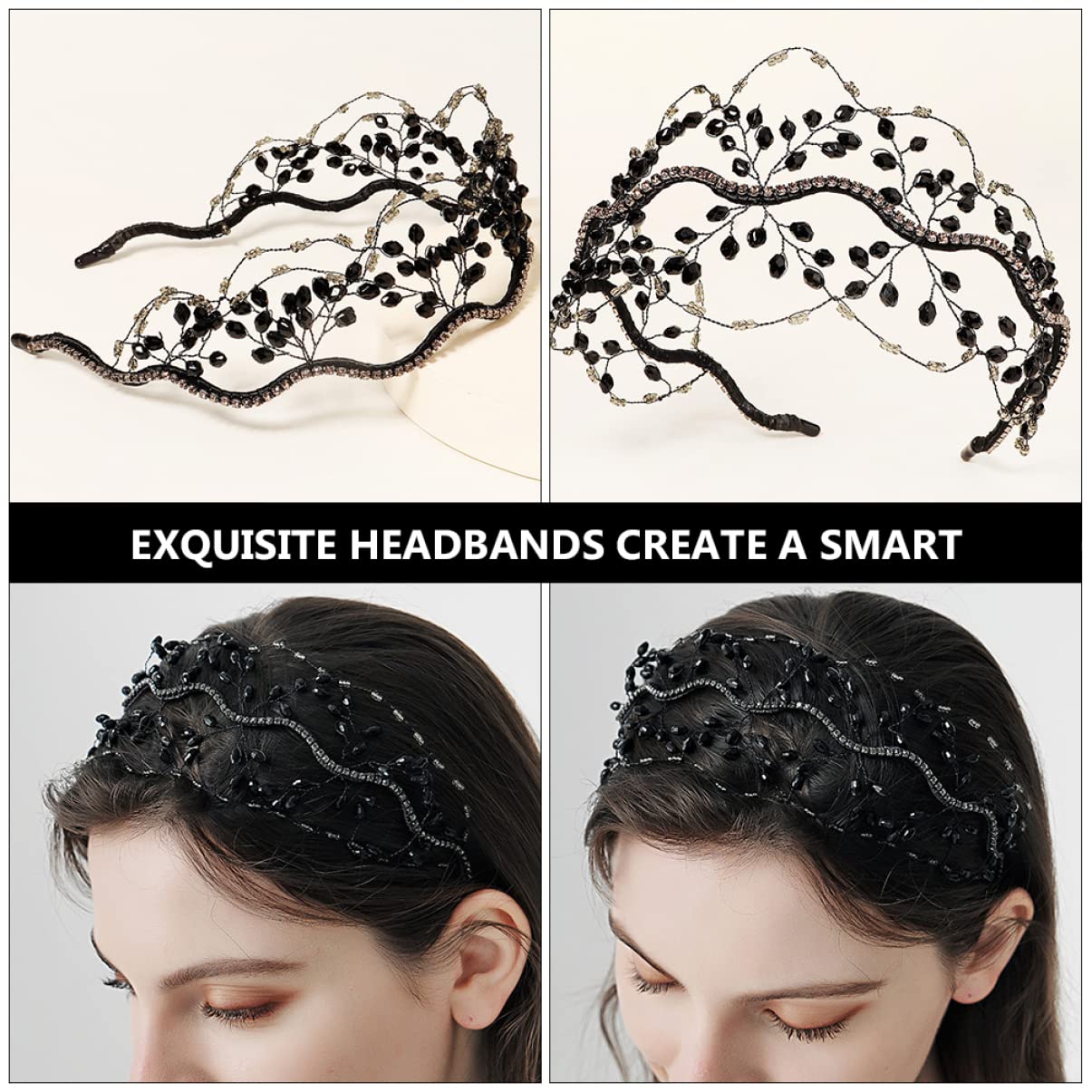 LALAFINA 5-Piece Wedding Crystal Headband Set for Women – Rhinestone Bridal Tiara & Hair Ties (Black) | Elegant Wedding Accessories, Bridal Party, Prom & Special Occasions