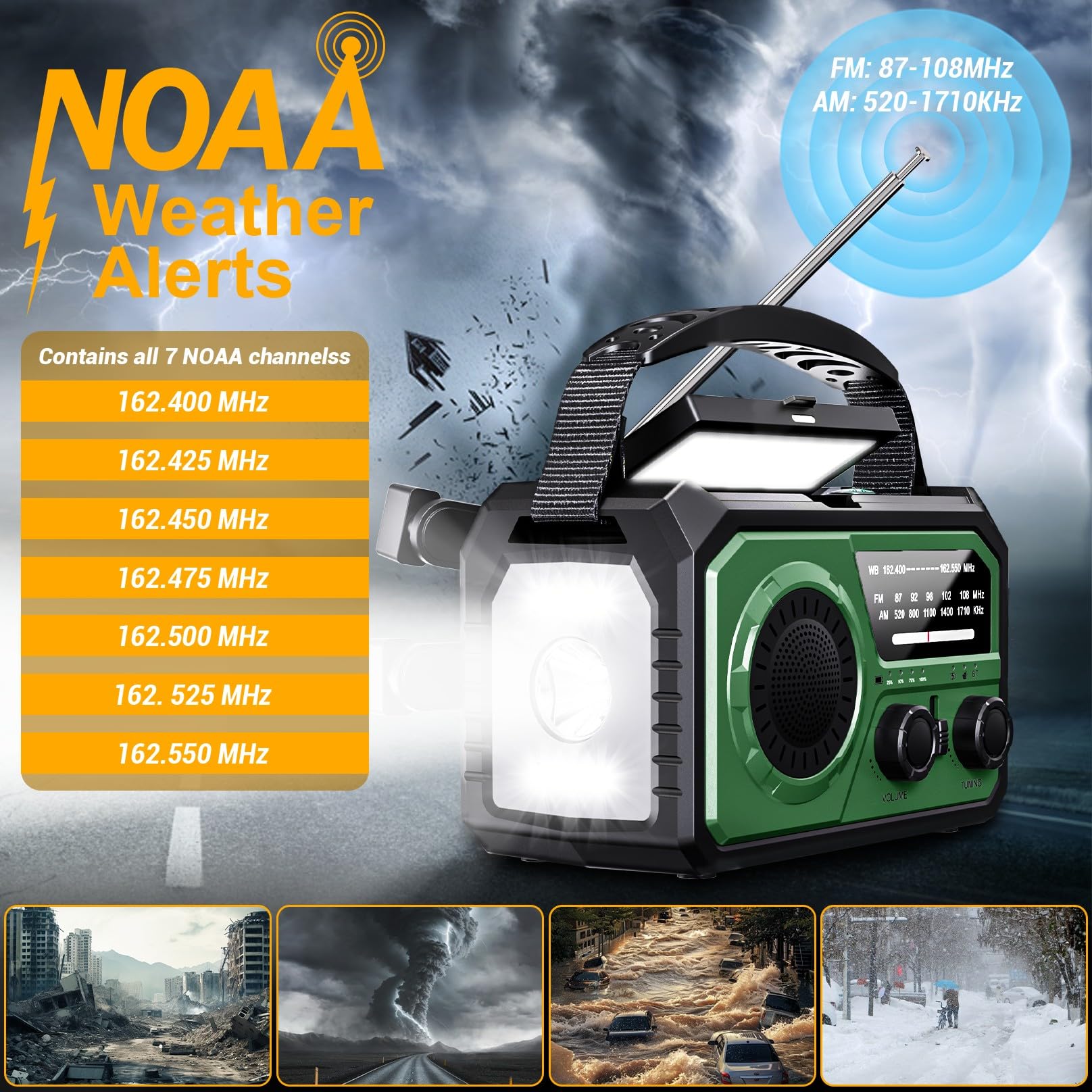 Solar Emergency Radio with Hand Crank & 16000mAh Power Bank - NOAA Weather Alert AM/FM Portable Radio, LED Flashlight, Reading Lamp, SOS Alarm, Headphone Jack for Outdoor Camping, Hiking & Survival (Dark Green)