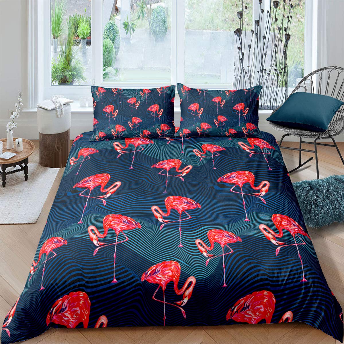 Erosebridal Flamingo Print Blue Striped Twin Duvet Cover Set - Soft Microfiber Comforter Cover with Pillowcase for Kids & Teens Boys Girls Bedroom Decor | Perfect for Nursery, Dorm Room or Coastal Themed Bedding