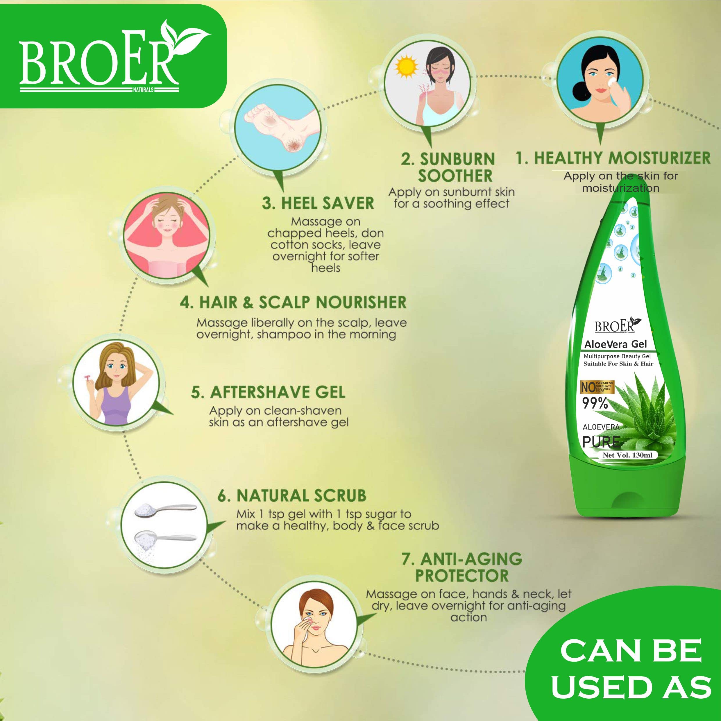 BROER Non-Toxic Aloe Vera Gel for Acne & Scars Treatment - Hydrating Skin Care for Glowing & Radiant Face - 130ml - Perfect for Daily Moisturizing, Sunburn Relief & After-Shave Soothing
