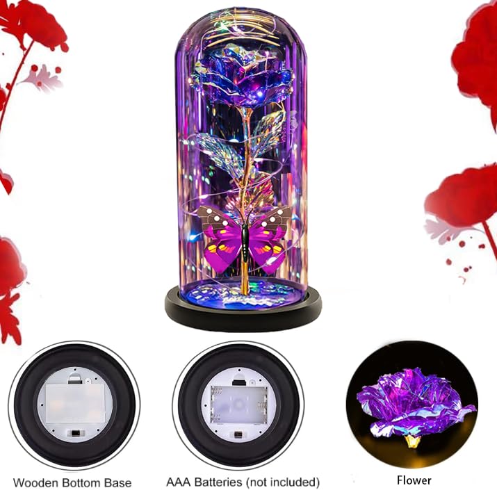 Galaxy Crystal Light Up Purple Rose in Glass Dome - Elegant Birthday Gift for Her, Mom, Grandma, Sister, Wife & Girlfriend | Romantic Home Decor, Anniversary Present & Special Occasion Gift Idea