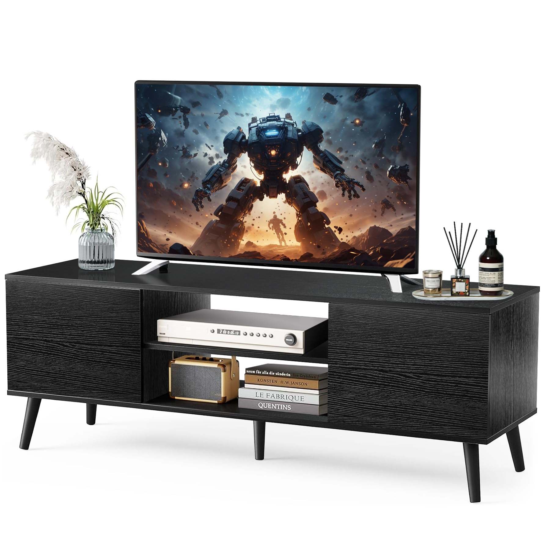 55-60 Inch TV Stand with Storage - Modern Black Wood Entertainment Center for Living Room, Bedroom & Office - Perfect for Home Theater & Media Organization