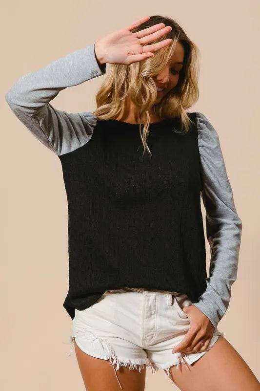 BiBi Cable Knit Sweater Top with Contrast Puff Sleeves | Women's Casual Winter Pullover | Perfect for Office, Date Night & Holiday Outfits