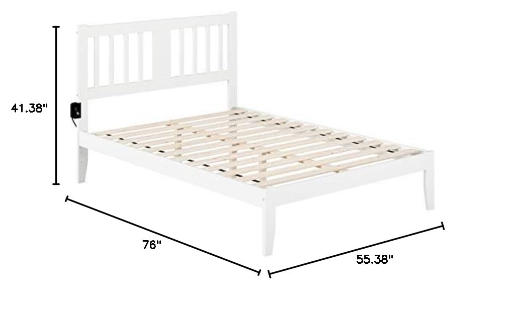 BOWERY HILL Full Size Spindle Bed Frame with USB Turbo Charging Ports - White Wooden Platform Bed for Modern Bedroom & Guest Room