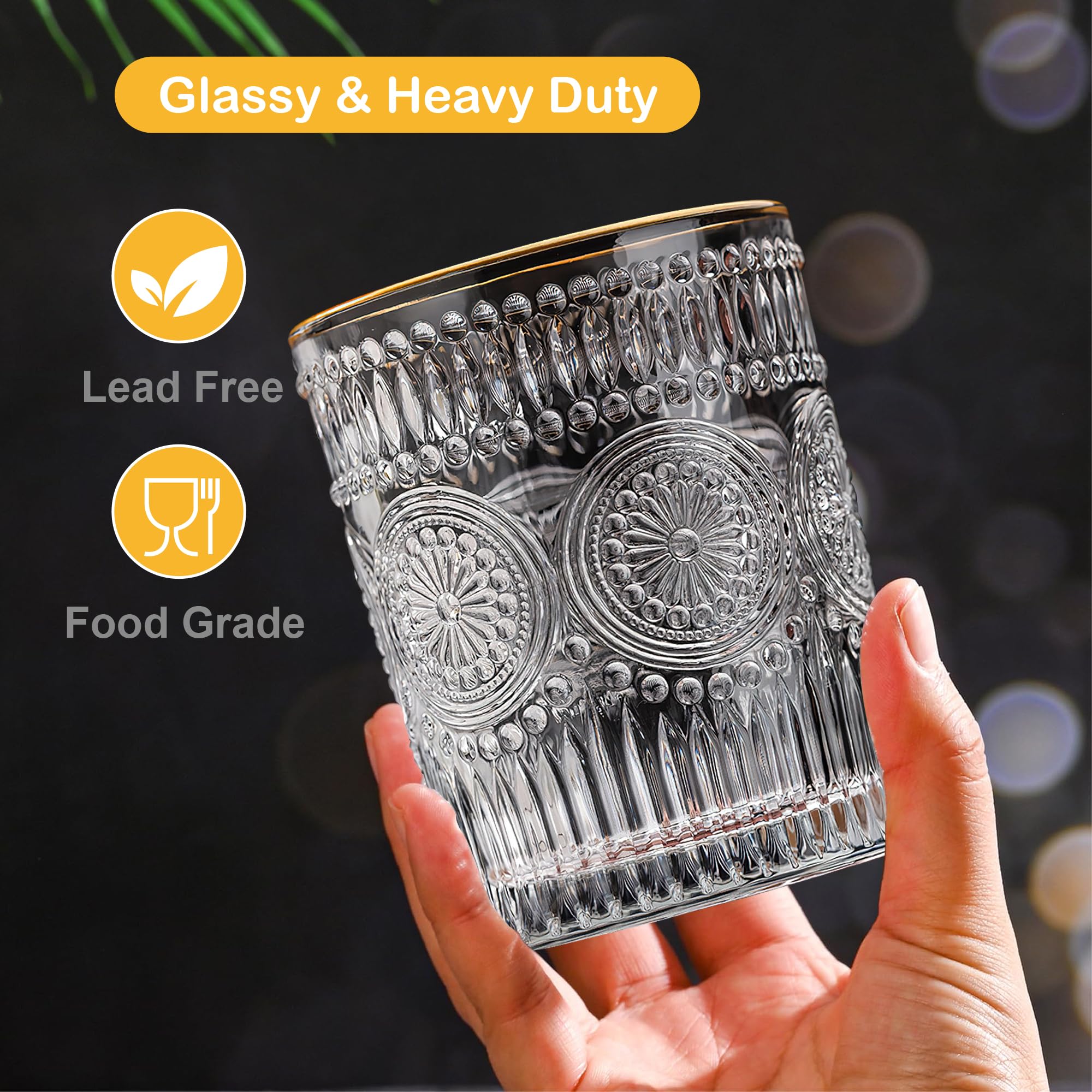 Vintage Drinking Glasses Set of 6 - 10 oz Gold Rim Retro Flower Water Glasses for Coffee, Juice, Whisky, Beer & Cocktail | Elegant Glassware Cups & Small Cute Tumblers | Perfect for Home Bar, Dinner Parties & Vintage-Themed Events