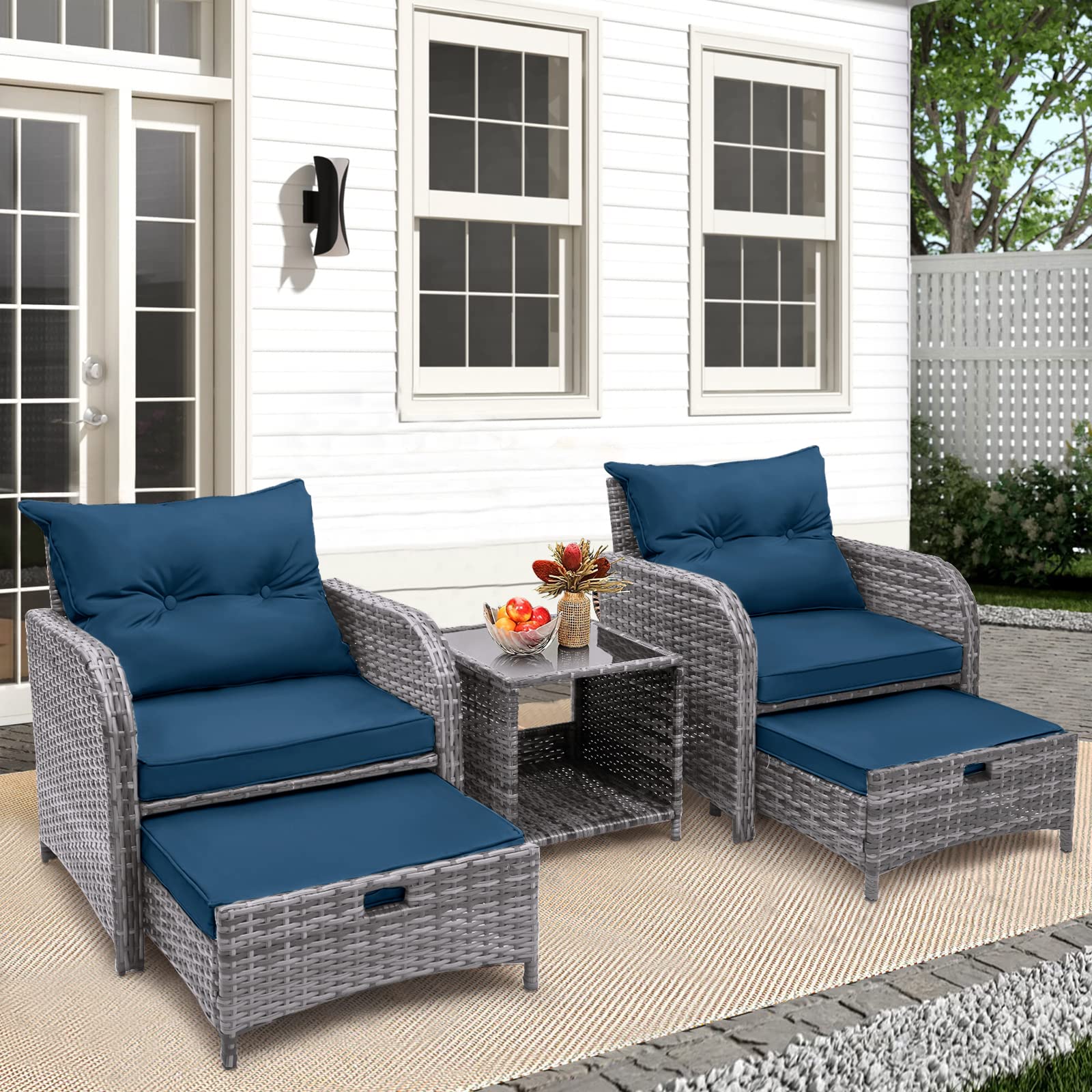 5-Piece All-Weather PE Rattan Outdoor Patio Furniture Set with Ottoman - Wicker Conversation Chairs for Poolside, Garden, Balcony & Backyard (Blue) - Perfect for Relaxing, Entertaining & Outdoor Lounging
