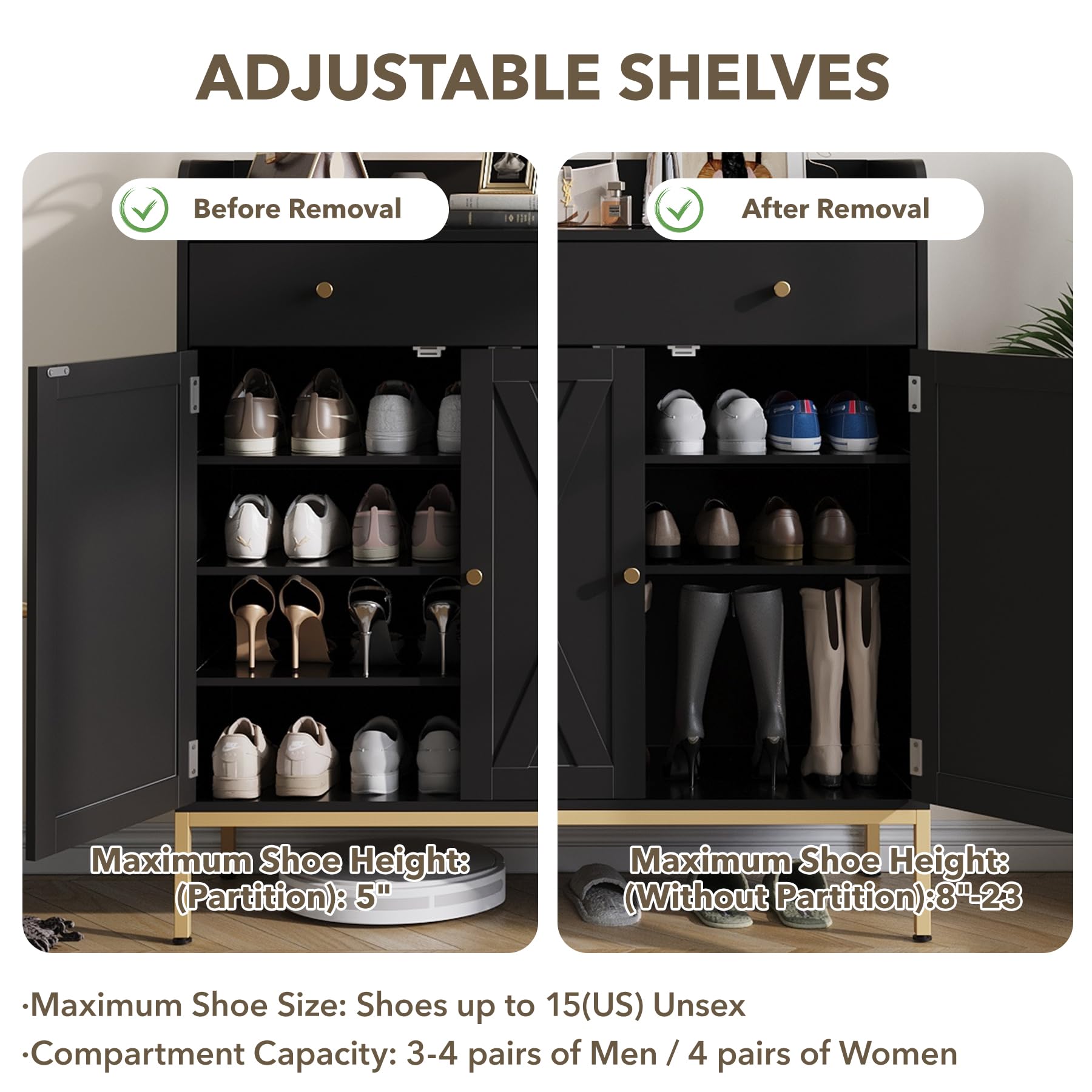 Maupvit 20-Pair Shoe Storage Cabinet with Doors & Drawers - Adjustable Shelves, Metal Legs - 43