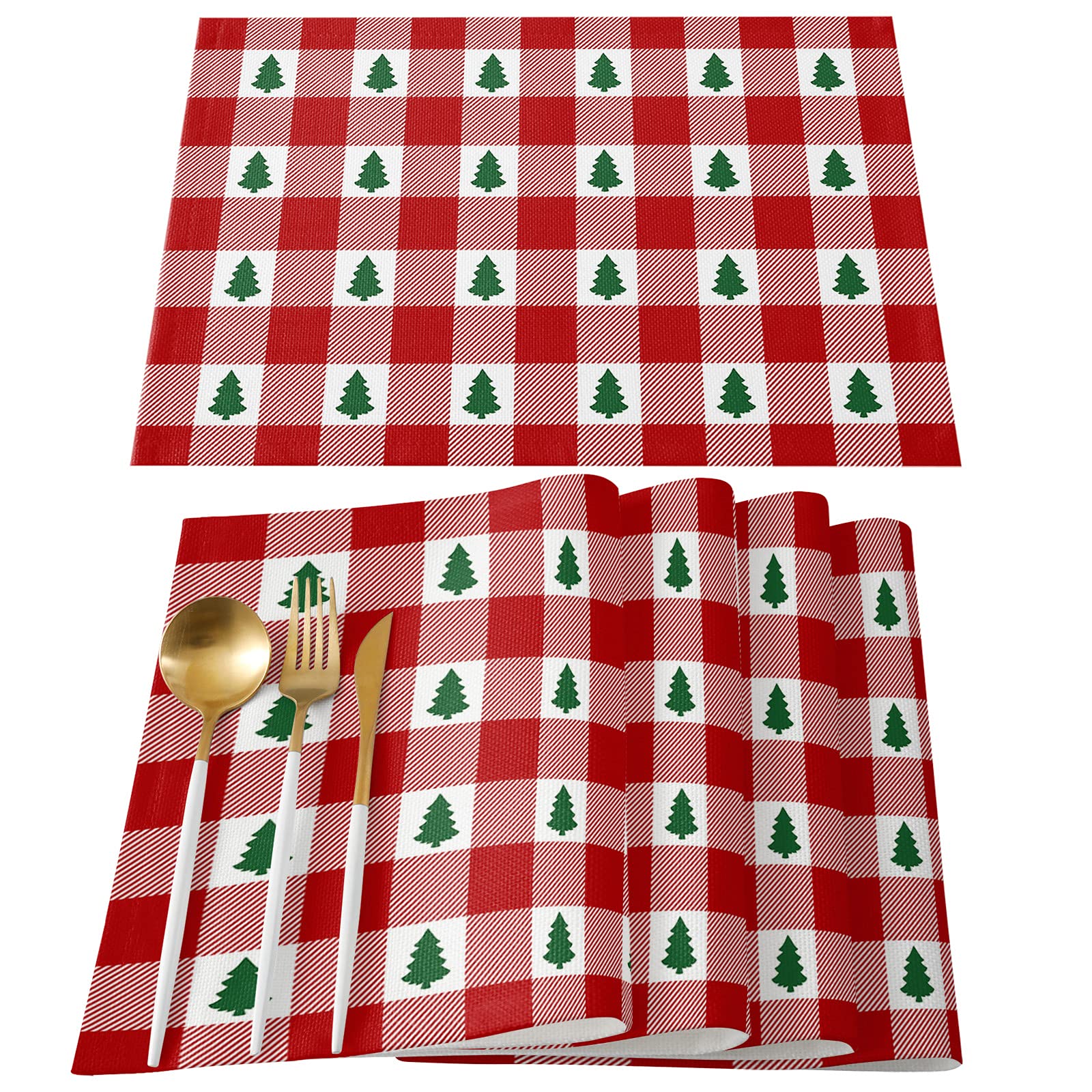 Festive Christmas Placemats Set of 4 - Cotton Linen Non-Slip Washable Holiday Table Mats with Farm Tree Plaid Buffalo Design for Xmas Party, Dining & Kitchen Decor | Perfect for Holiday Gatherings, Family Dinners & Festive Home Styling