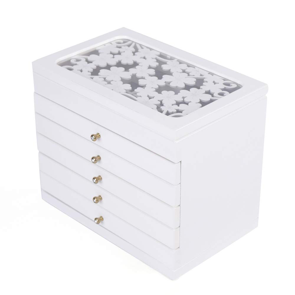 6-Layer Wooden Jewelry Storage Organizer with 5 Drawers - Large Jewelry Box for Women (White) | Perfect for Necklace, Ring & Earring Organization at Home, Travel & Gift Giving