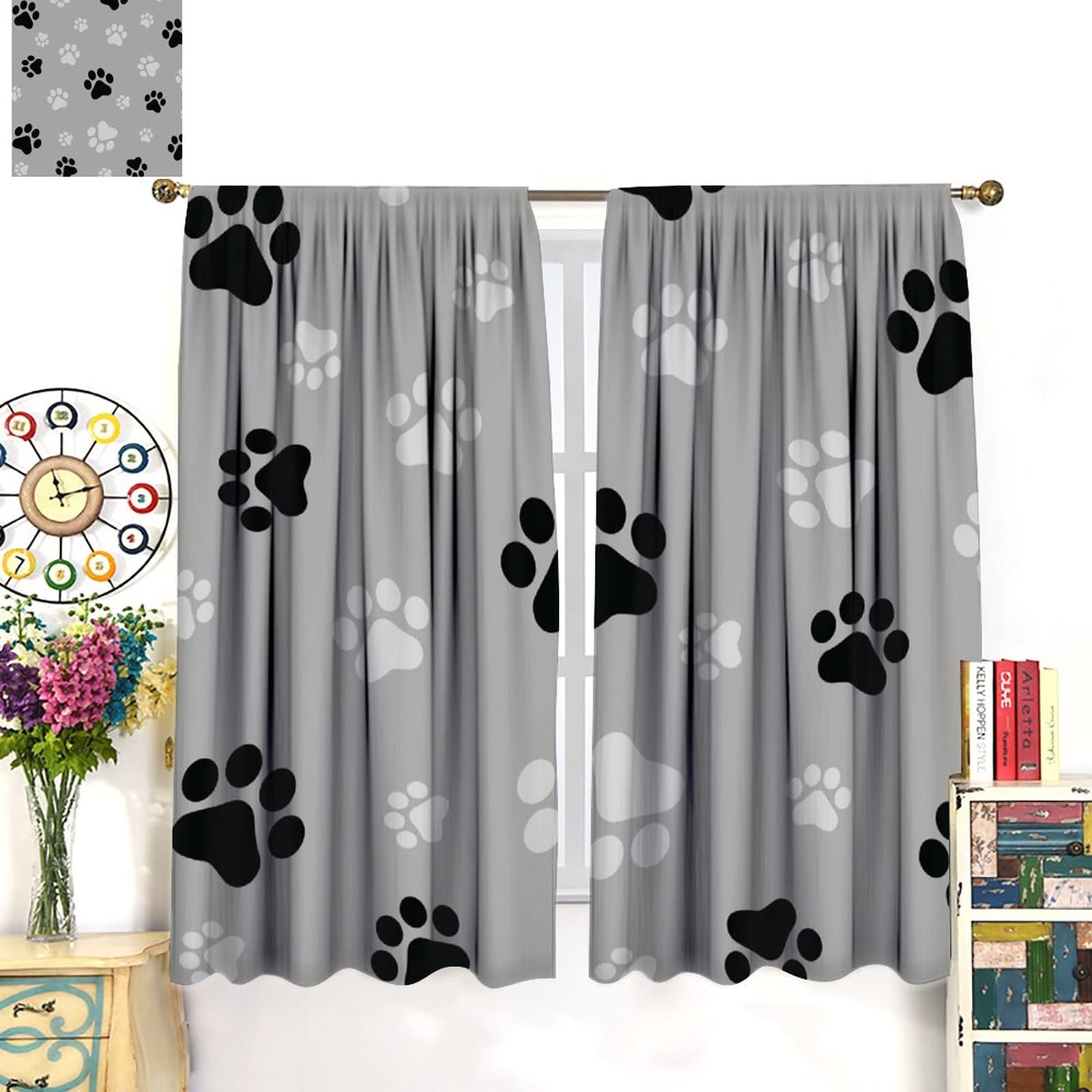 Abstract Black Grey Dog Paw Print Blackout Curtains - 63x72 Inch Soundproof Thermal Insulated Window Treatments for Bedroom, Living Room & Kitchen | Modern Home Decor & Darkening Window Coverings for Pet Lovers