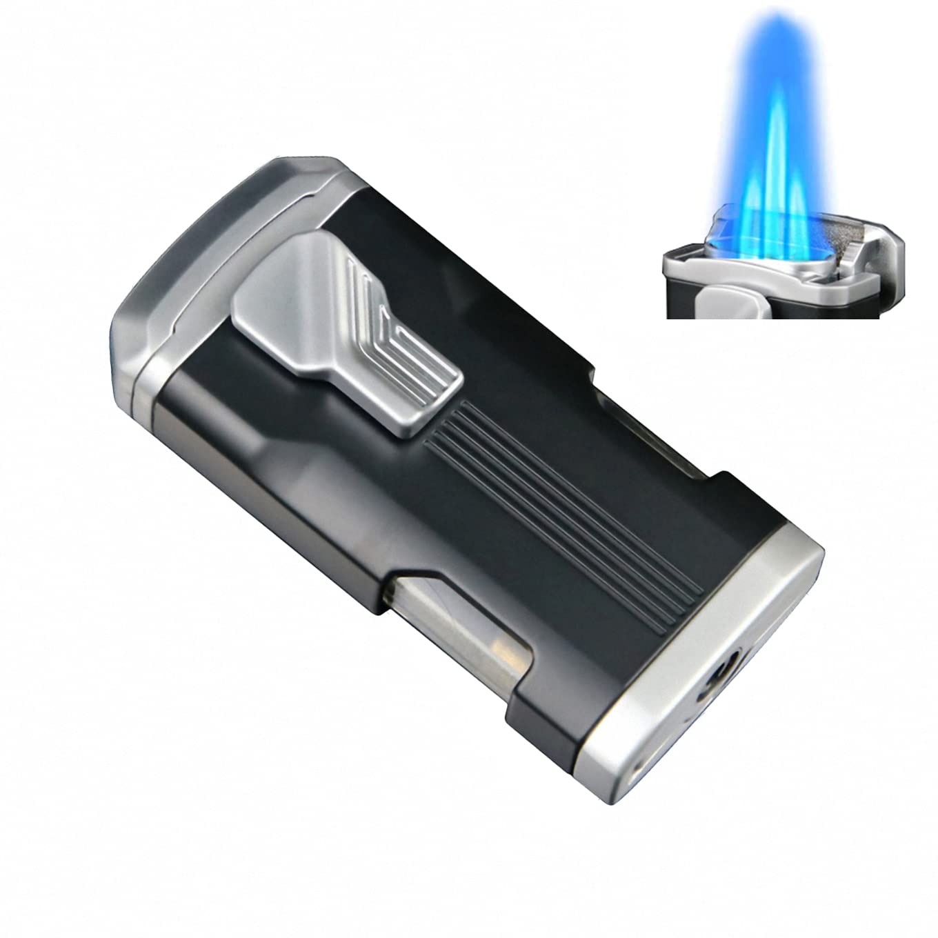 Triple Jet Flame Torch Lighter - Windproof Refillable Butane Gas Lighter with Metal Cool Design - Perfect for Men's Gifts, Outdoor Camping, BBQ Grilling, Candle Lighting & Adventure (Silver) | Durable for Daily Use & Survival Kits