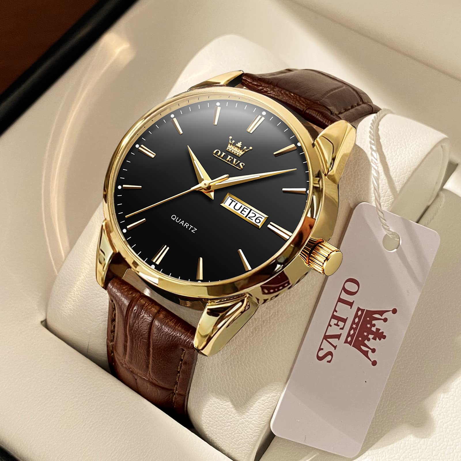 OLEVS Men's Brown Leather Watch - Rose Gold Quartz, Waterproof, Luminous for Daily Wear & Dress