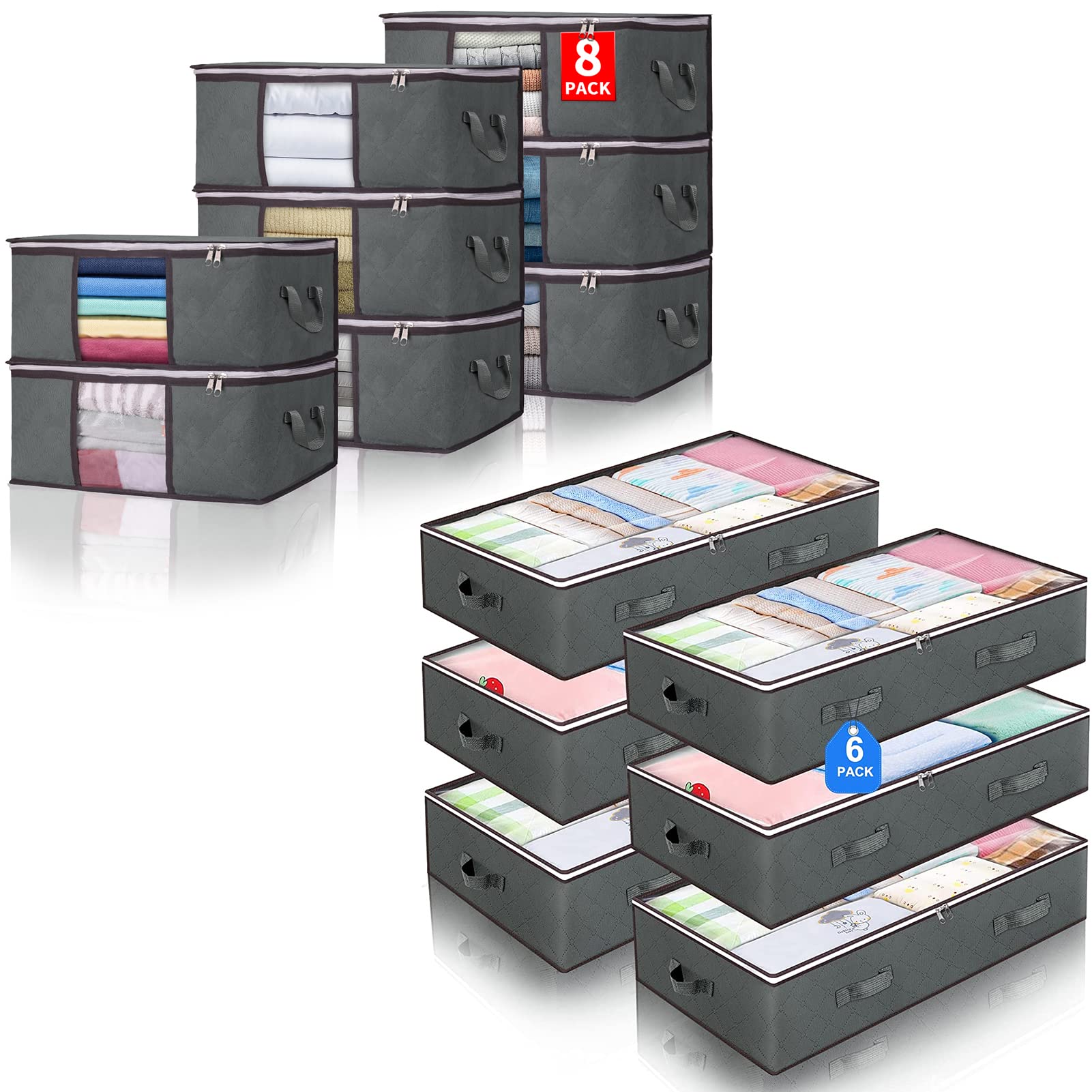 6 Pack Underbed Storage Containers & 8 Pack Foldable Storage Bags - 35L Large Capacity Clothes Organizer for Bedroom, Blankets, Pillows, Bedding - Space Saving Solution for Seasonal Clothes & Home Organization