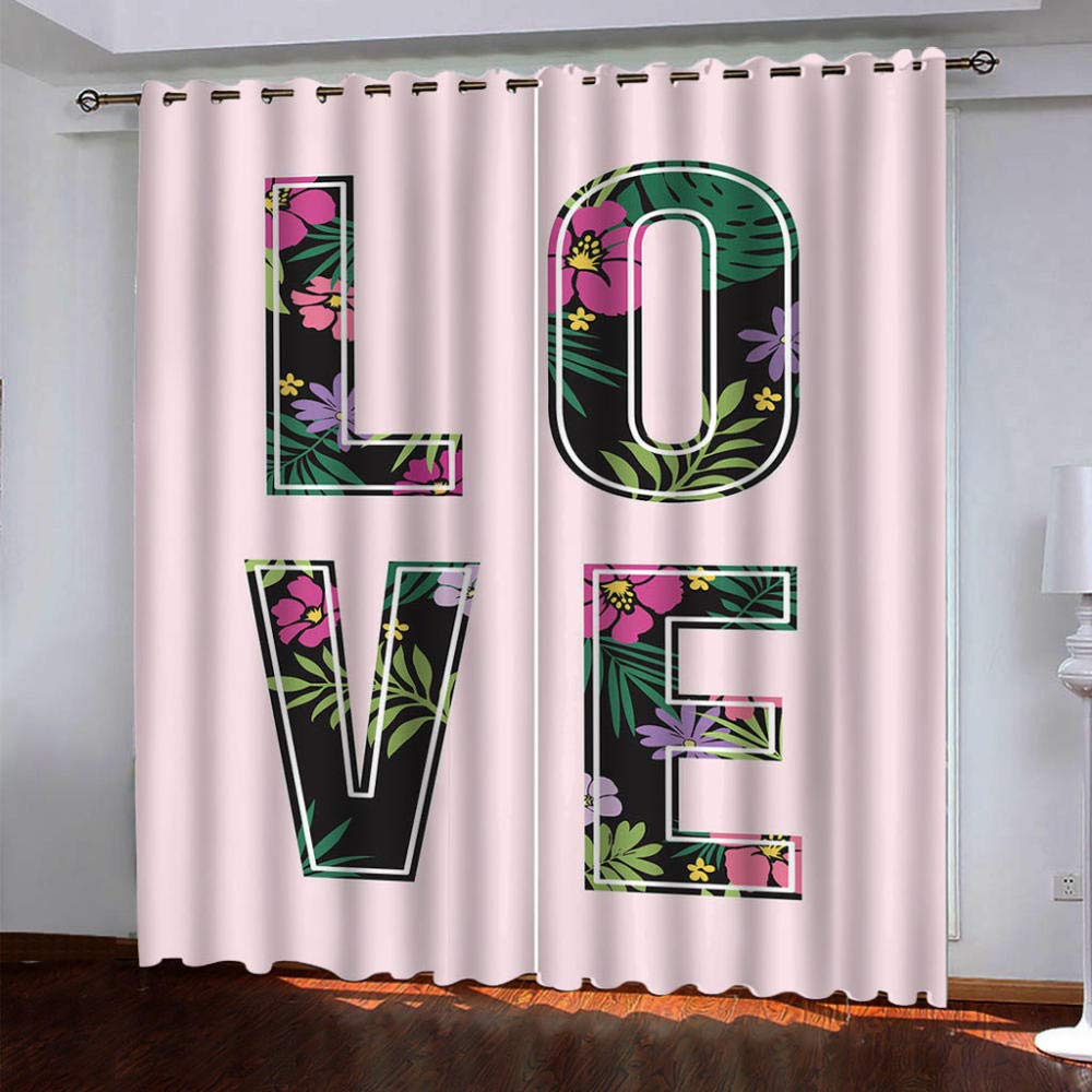 ONVKYY Thermal Insulated Blackout Curtains - Energy Saving, Noise Reducing Polyester Grommet Drapes for Bedroom, Living Room & Office - Alphabet Pink Art Design (2 Panels, 90.5