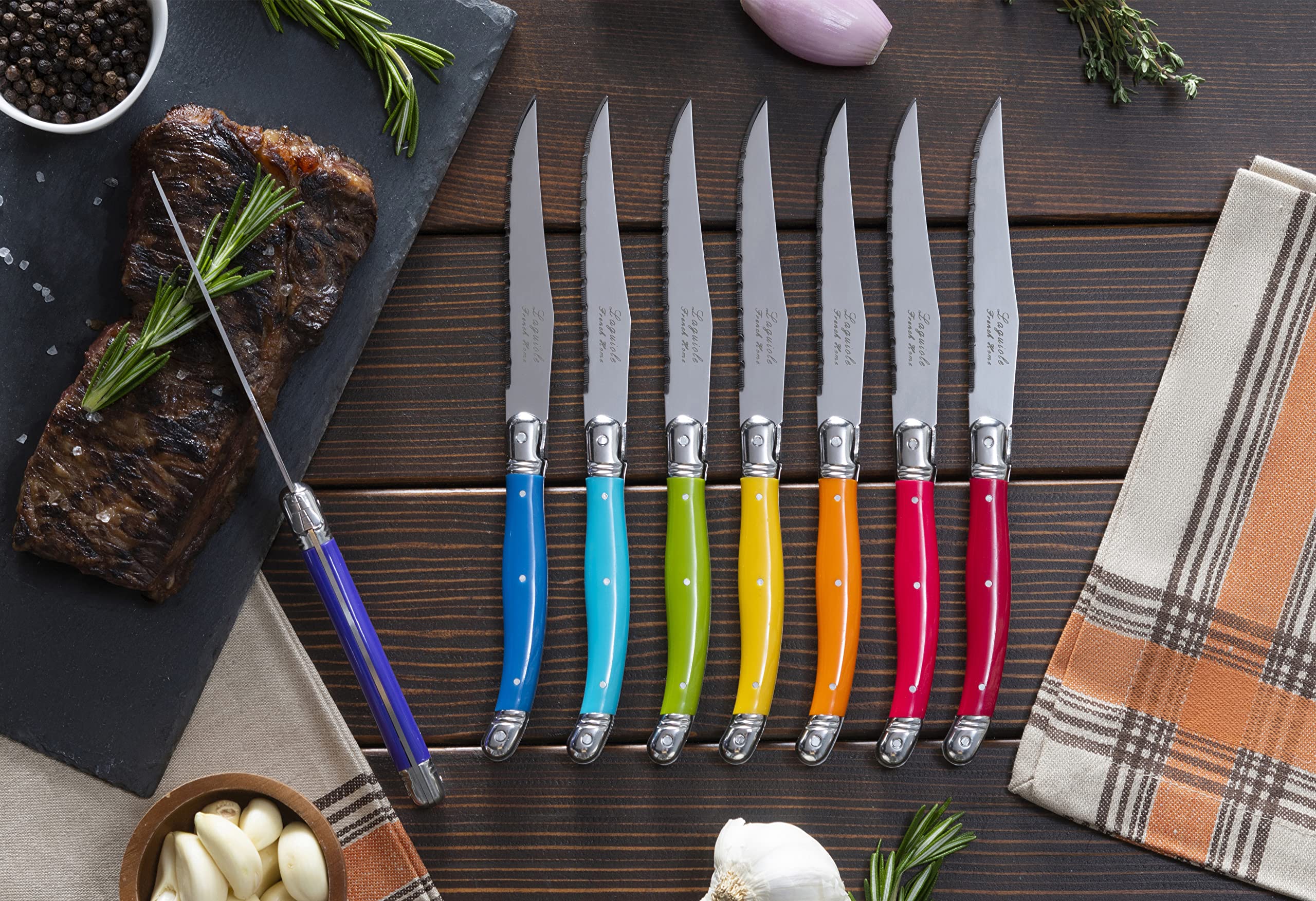 Premium French Laguiole 8-Piece Steak Knife Set - High-Quality Stainless Steel Dinner Knives with Elegant Rainbow Handles & Signature Bee Emblem - 9.25
