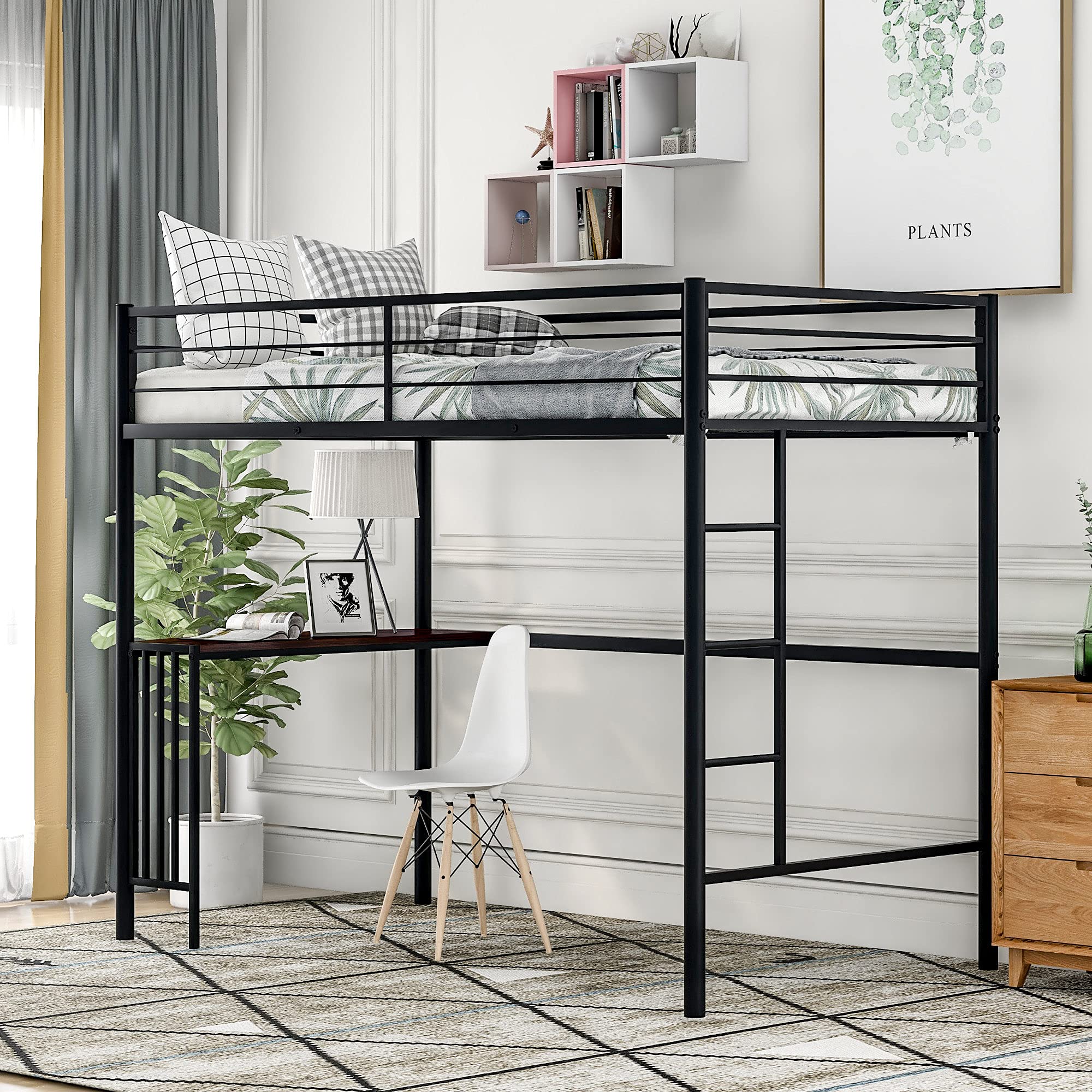 **Metal Twin Loft Bed Frame with Built-in Ladder, Guardrails, Desk & Bookcase - Space-Saving Bunk Bed for Kids & Teens - Perfect for Small Bedrooms, Dorms, or Shared Rooms (Black)**