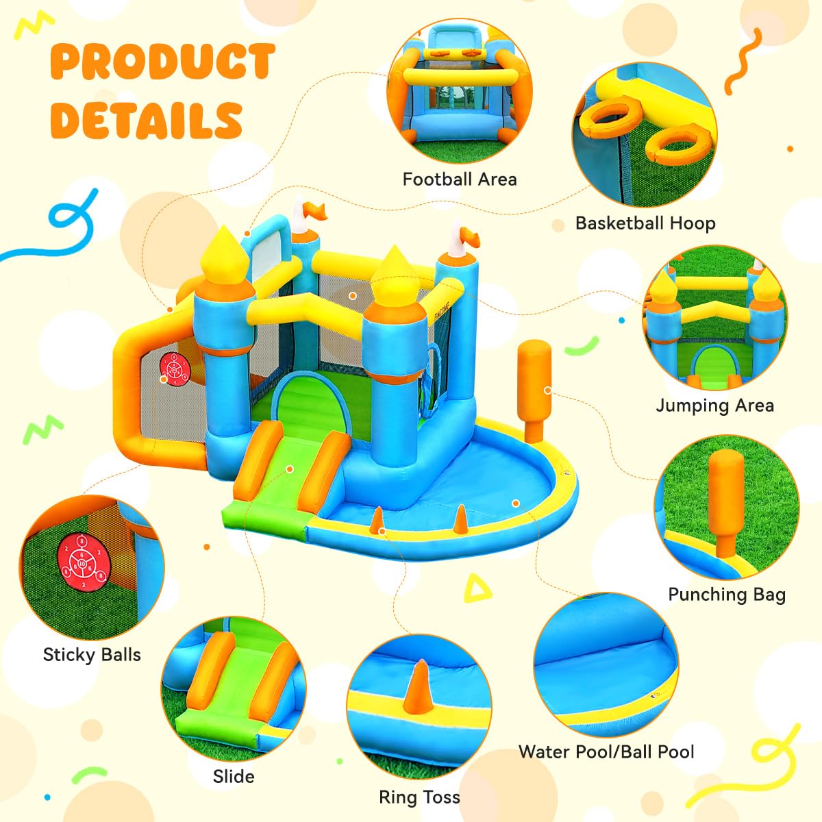 Inflatable Bounce House for Kids with Slide, Jumping Castle, Soccer & Basketball Area - Indoor/Outdoor Bouncy Playhouse with Blower for Backyard, Birthday Parties & Family Fun