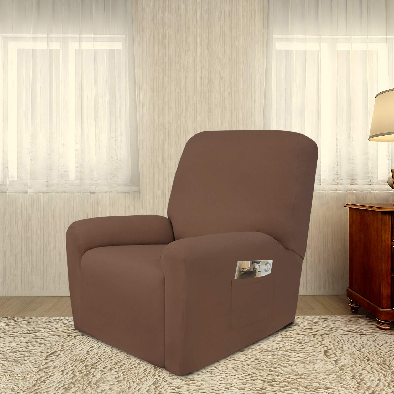PureFit Super Stretch Recliner Sofa Slipcover with Pocket - Spandex Non-Slip Soft Couch Cover | Washable Furniture Protector with Elastic Bottom for Kids & Pets | Perfect for Living Room, Home Theater & Family Gatherings (Recliner, Brown)