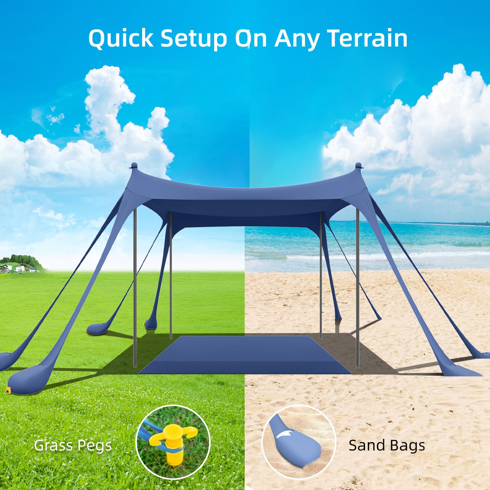 UPF50+ Beach Tent & Sun Shelter with Beach Mat, 2 Sand Shovels, 8 Sandbags, Ground Pegs & Stability Poles - Portable Outdoor Canopy for Camping, Fishing, Picnics, Beach Days & Family Outings (Navy Blue)