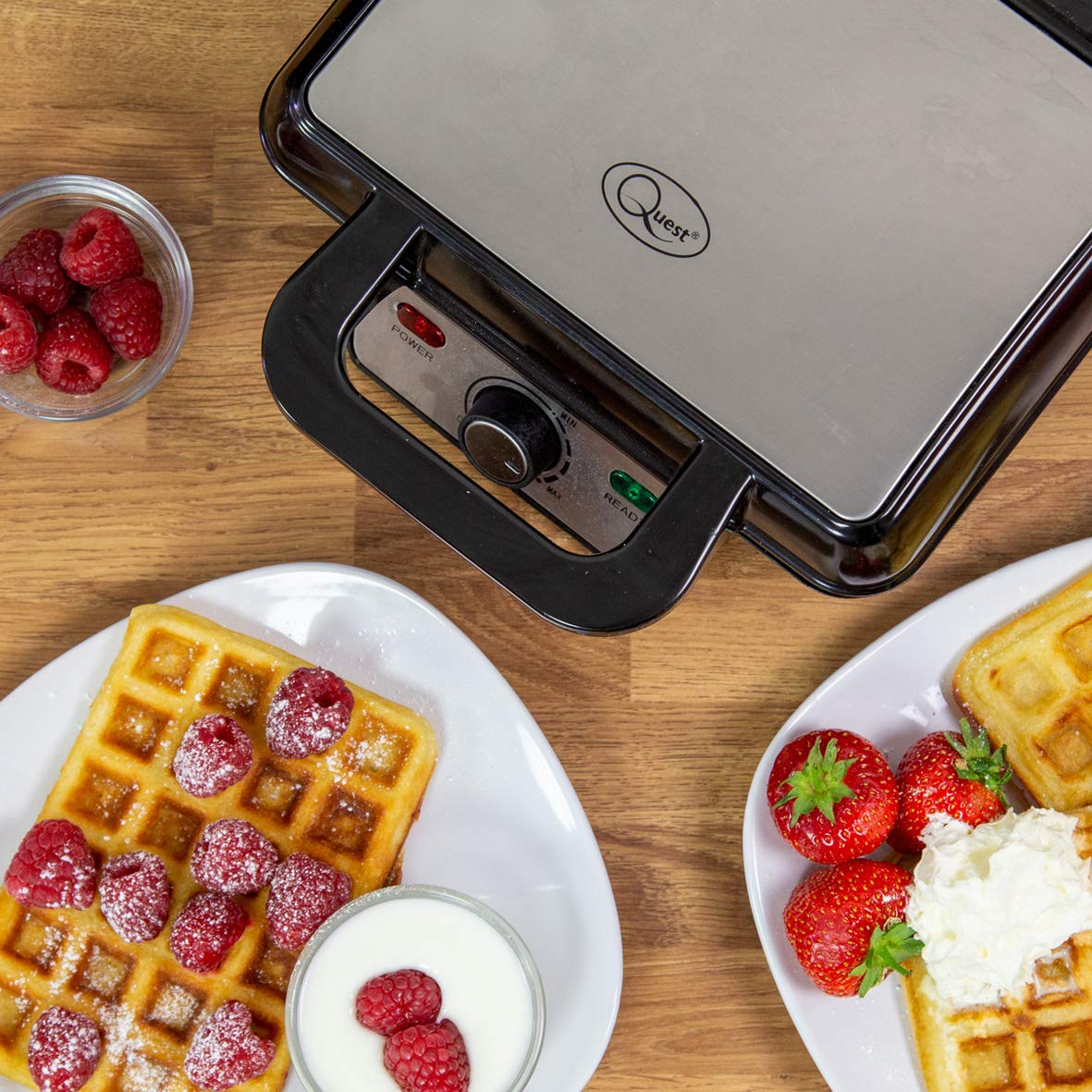 Quest 35950 2-Slice Deep Fill Waffle Maker - Non-Stick Hot Plates, Adjustable Temperature, Stainless Steel with Cool-Touch Handle, 1000W - Perfect for Breakfast, Brunch & Family Gatherings
