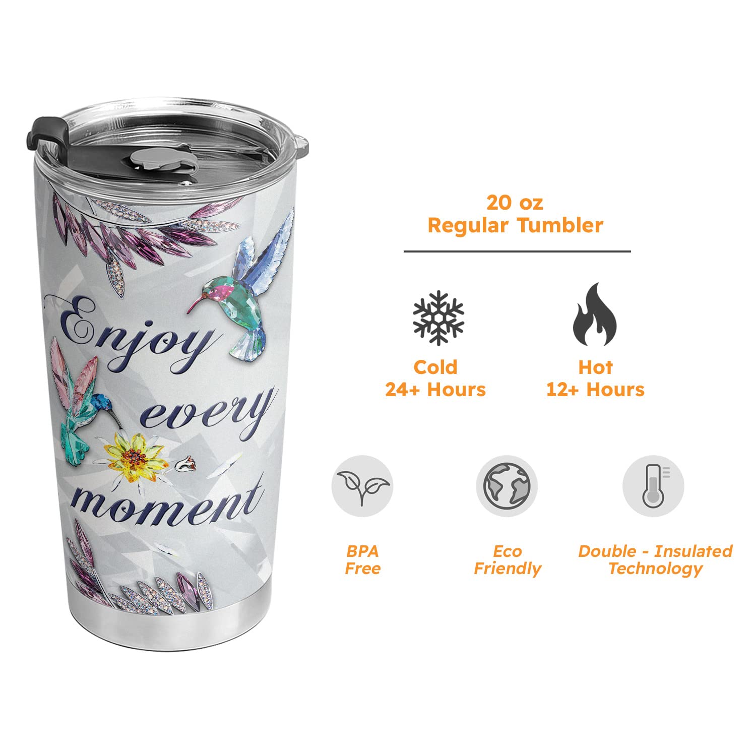 20oz Insulated Hummingbird Tumbler Cup - Leakproof Travel Coffee Mug with Lid, Crystal Jewelry Design - Perfect Valentine's Day Gift, Birthday Gift for Women (Great for Office, Travel & Outdoor Activities)