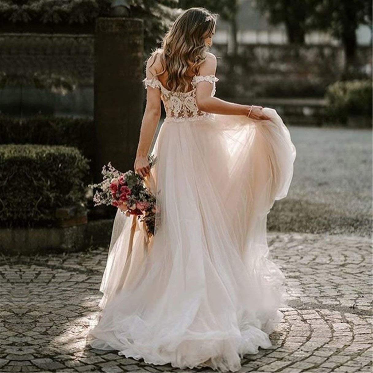 Elegant Strapless Tulle Wedding Dress with Ruffles & Train - Perfect for Beach, Garden & Outdoor Bride Ceremonies