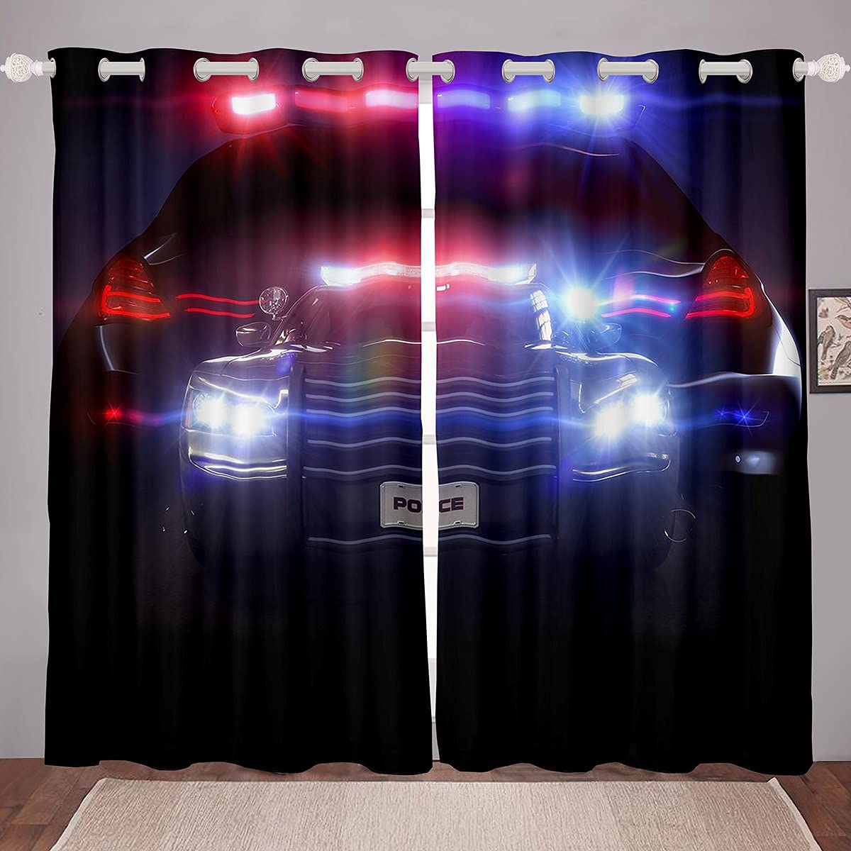 Erosebridal Police Car Window Curtains 42W x84L - Blue Emergency Vehicle Themed Curtain Panels for Kids & Teens Boys Room Decor | Perfect for Bedroom, Living Room, and Playroom - Fun Detective & First Responder Theme Window Treatments