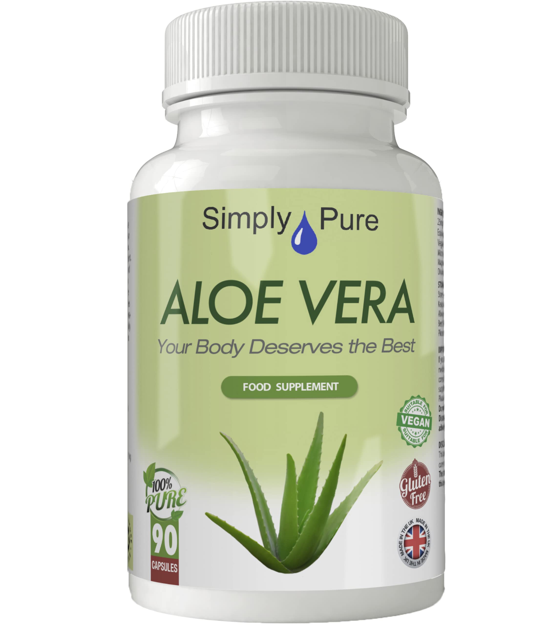 Simply Pure Aloe Vera Capsules for Digestive Health - 25mg x 90 Count | 200:1 Extract (Equivalent to 5g Pure Aloe Vera Gel) | Gluten Free, Non-GMO, Vegan Supplement | Supports Gut Health & Digestion - Perfect for Daily Wellness Routine