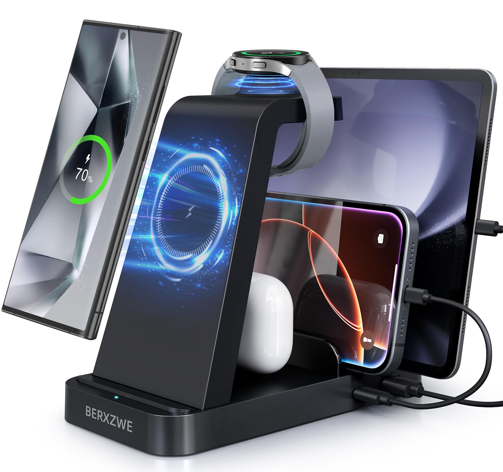 5-in-1 Fast Wireless Charger Stand for Samsung Galaxy S25/S24/S23/S22 Ultra, Watch 7/6/5/4/3 & All Tab Series - Multi-Device Charging Station for Home, Office & Travel (Black)