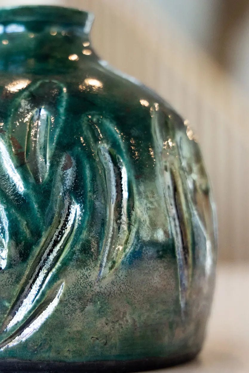 Hand Carved Emerald Green Raku Pot - Unique Ceramic Tea Cup & Decorative Art Piece for Home, Zen Garden, or Meditation Space