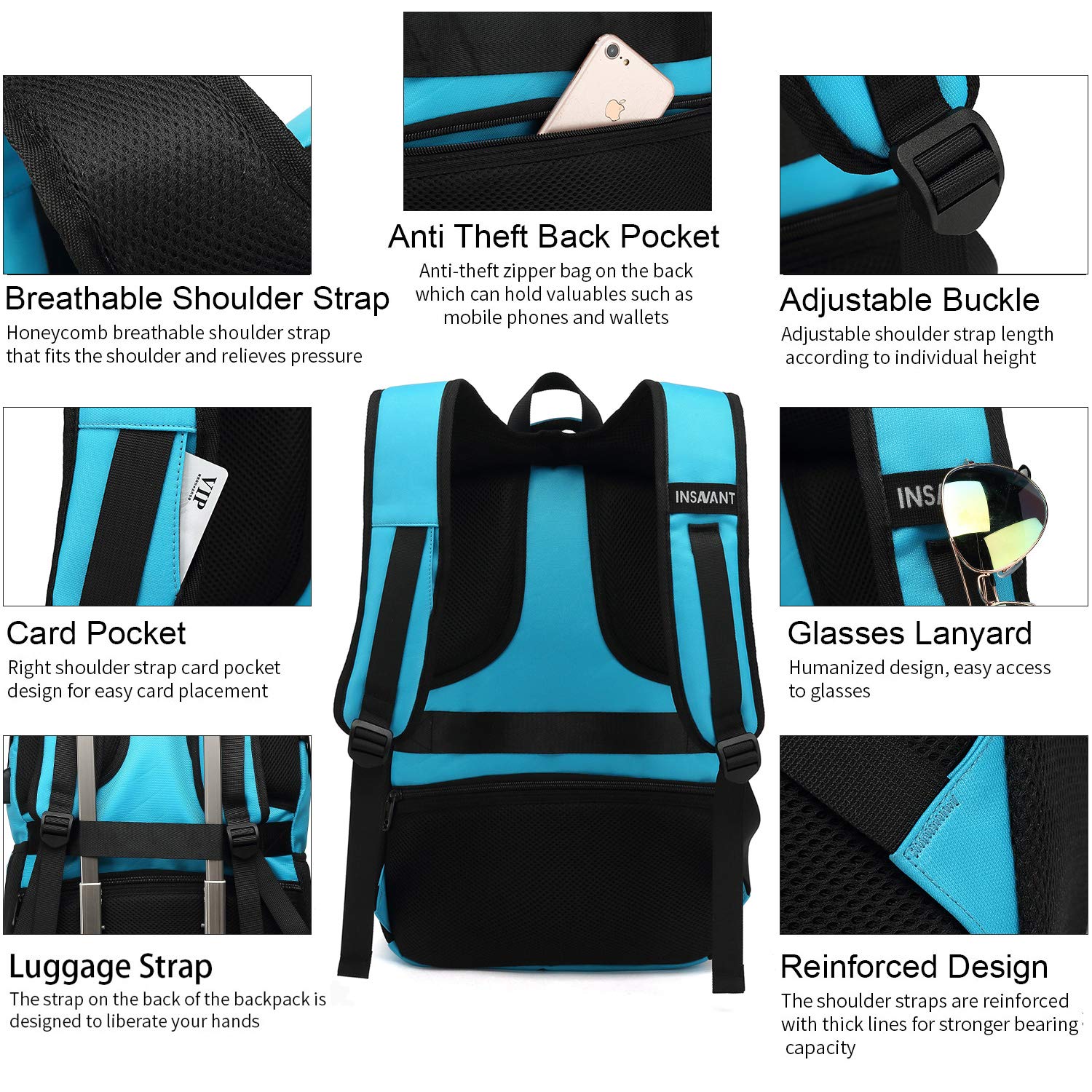 INSAVANT 15.6 Inch Water Resistant Laptop Backpack - Durable Anti-Theft College Travel Backpack with USB Charging Port - Perfect Gift for Men & Women (Sky Blue) - Ideal for Work, School & Daily Commute