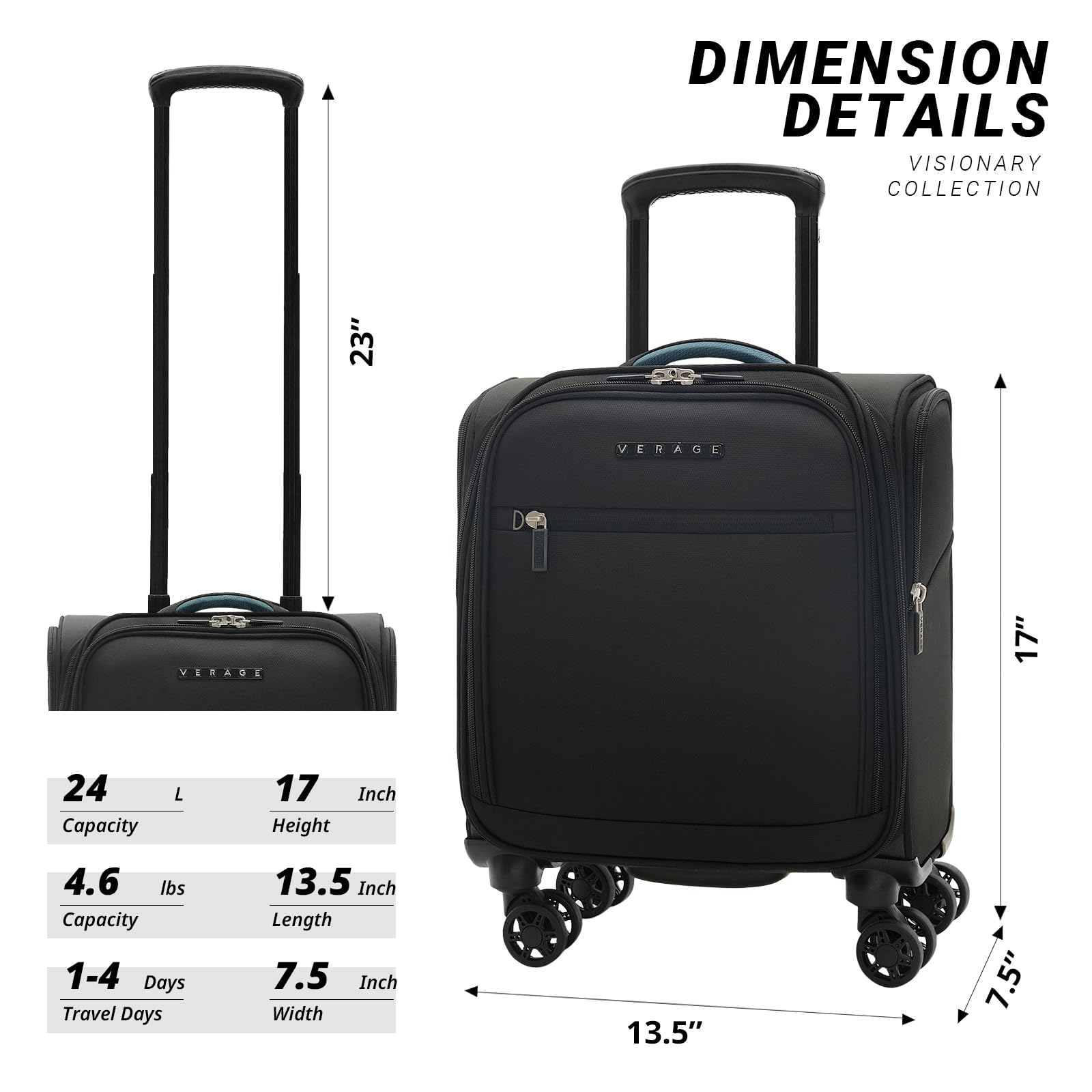 Vercase 14 Inch Underseat Carry On Luggage with 360° Spinner Wheels - Lightweight Softside Small Suitcase for Air Travel, Fits Under Airplane Seat - Perfect for Business Trips, Weekend Getaways & Commuting (Black)