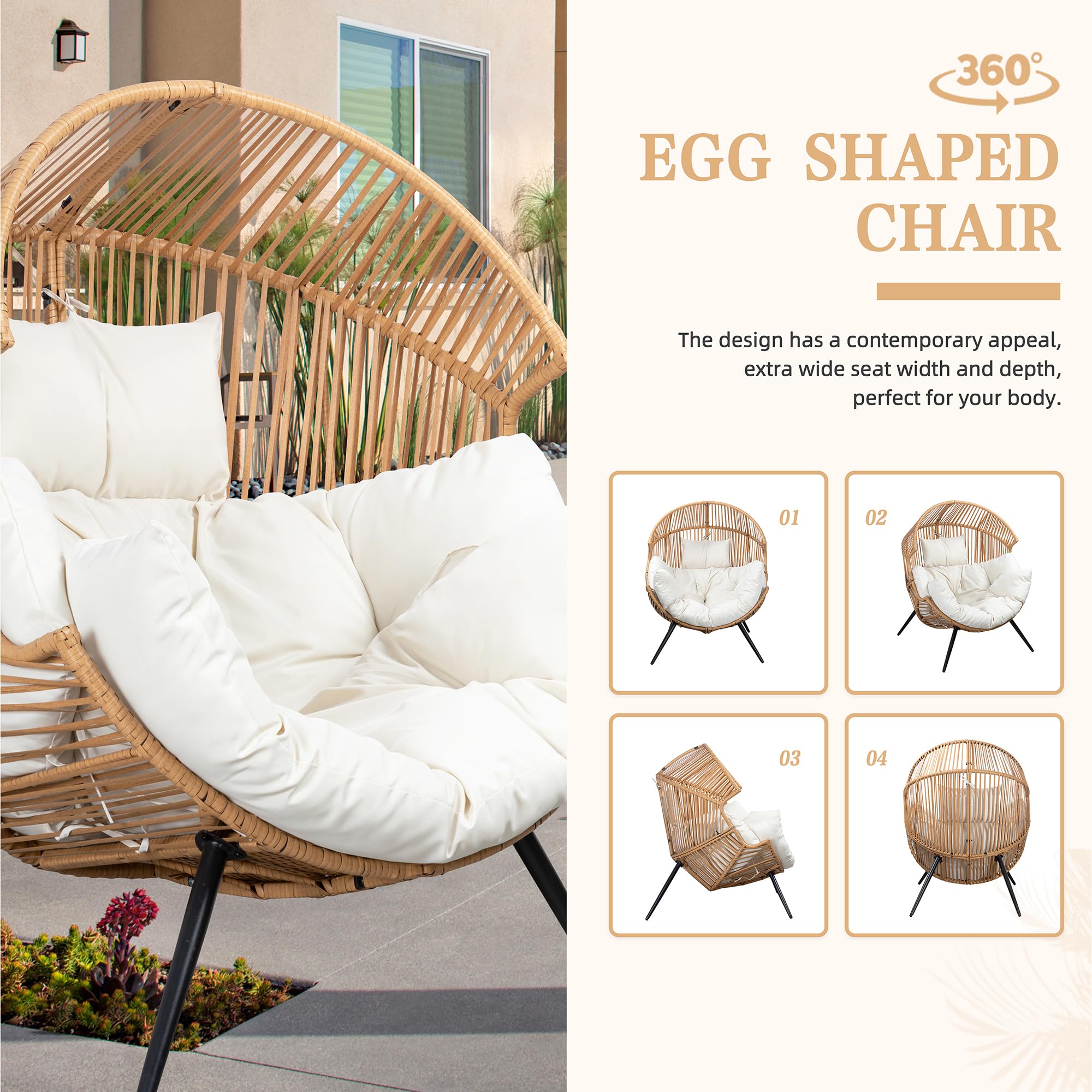 Vongrasig PE Rattan Egg Chair with Cushion - Oversized Wicker Hanging Chair for Patio, Garden, Balcony & Indoor Use - Comfortable Outdoor Lounge Chair in Beige - Perfect for Relaxing, Reading & Sunbathing