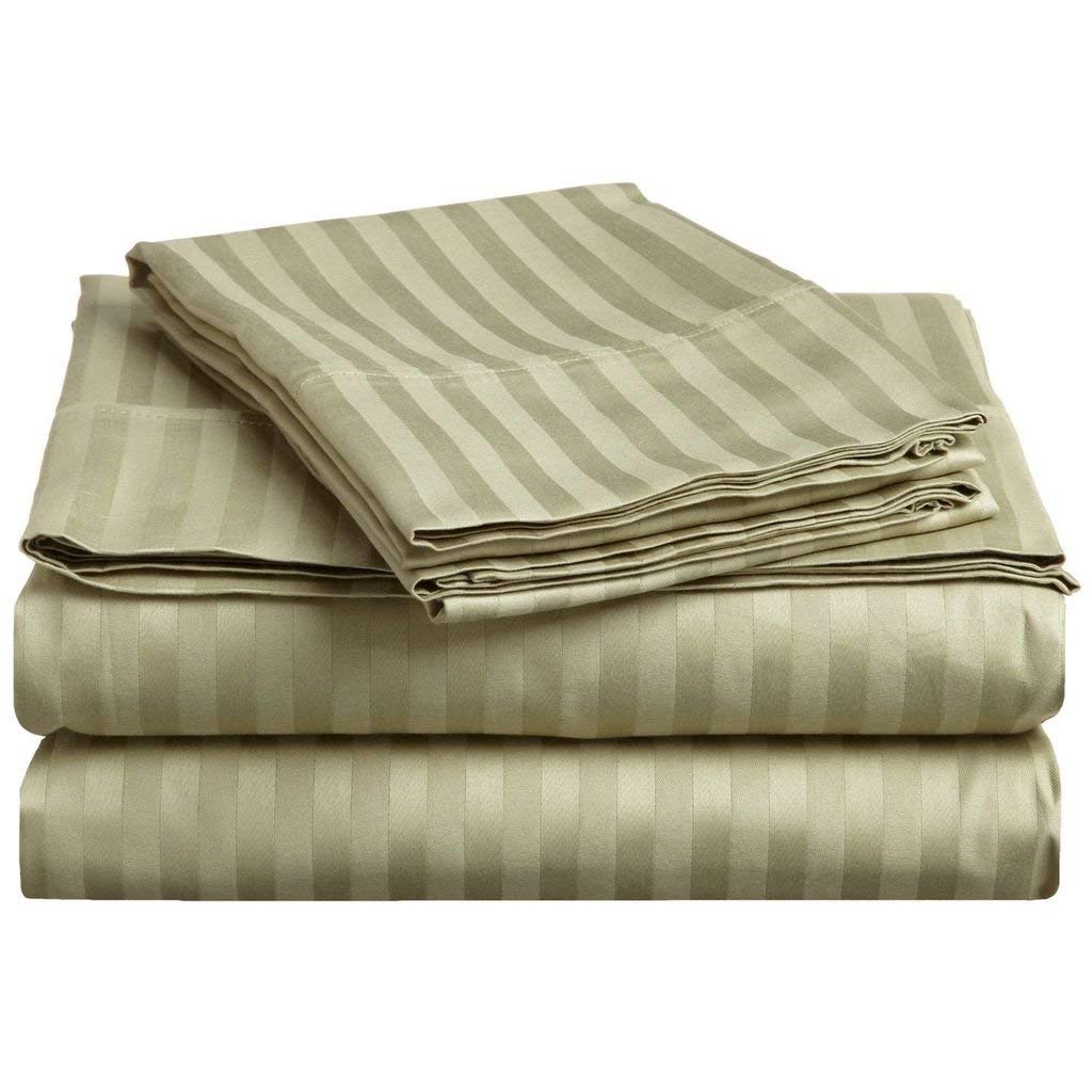 Luxurious 1800 Thread Count Egyptian Cotton Queen Sheet Set - 6 Piece (1 Fitted Sheet, 1 Flat Sheet, 4 Pillowcases) for 15-18 Inch Deep Pocket Mattress (60x80) - Premium Bedding for Comfortable Sleep - Sage Green Striped Design for Modern Bedrooms