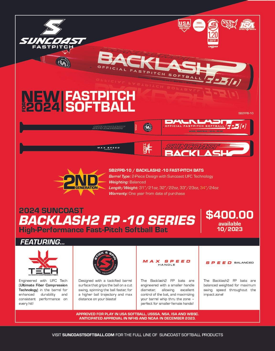 2024 Suncoast Backlash2 FP 10 Fastpitch Softball Bat - Approved for All Associations | Lightweight & High Performance for Competitive Games & Tournaments