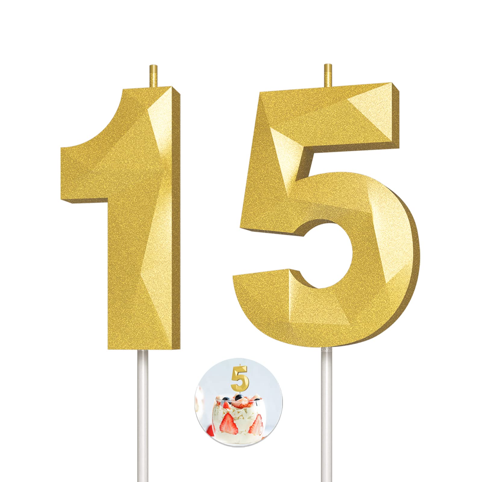 3D Diamond Shape Gold Number Birthday Candles (15-Pack) - Elegant Cake Toppers for Birthday Parties, Weddings, Reunions & Theme Celebrations - Perfect for Milestone Birthdays and Special Occasions