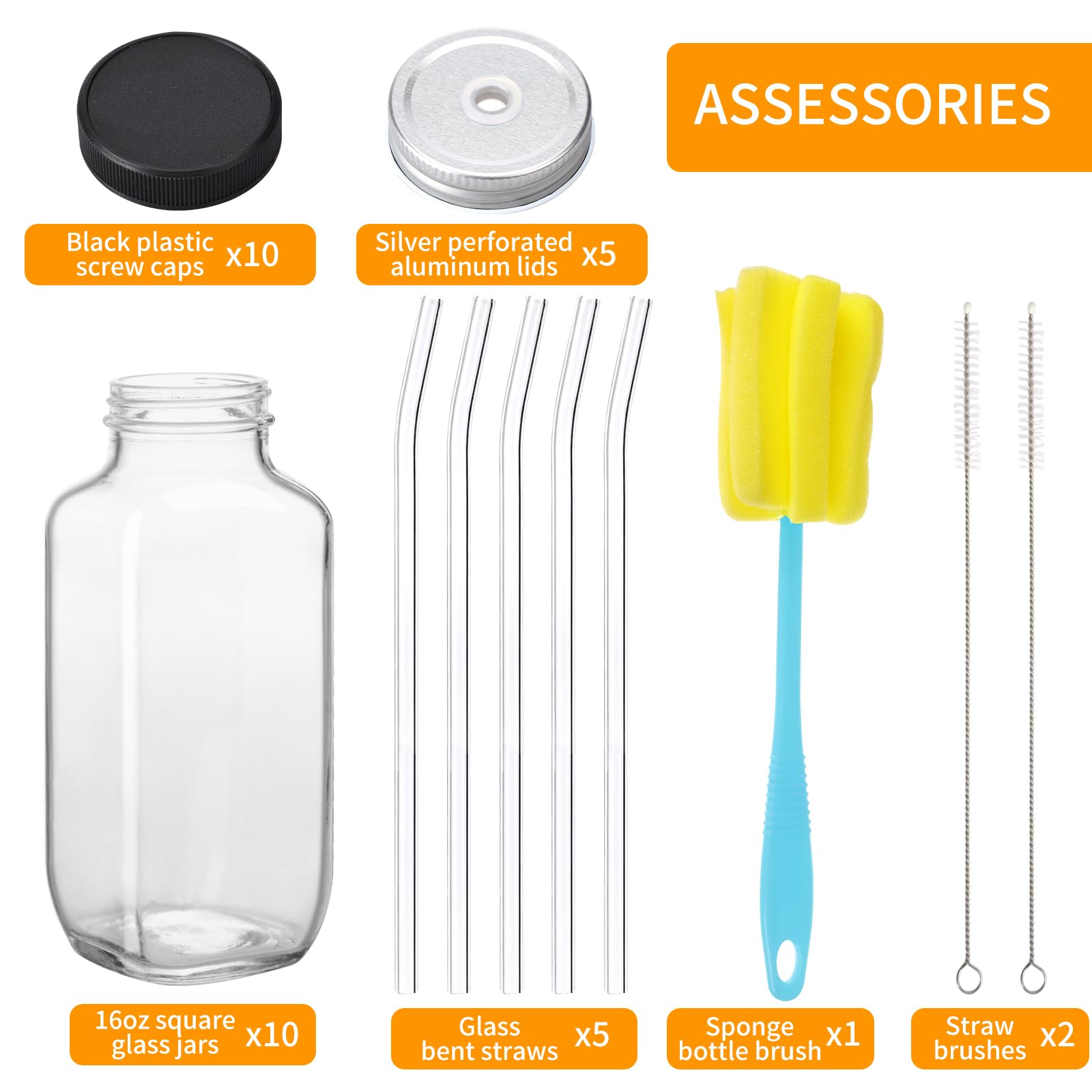 **CUCUMI 10-Pack 16oz Glass Juice Bottles with Lids & Brush - Reusable Drinking Jars for Juice, Water, Smoothies - Includes Glass Straws & Hole Lids - Perfect for Home, Office, Gym & Travel**