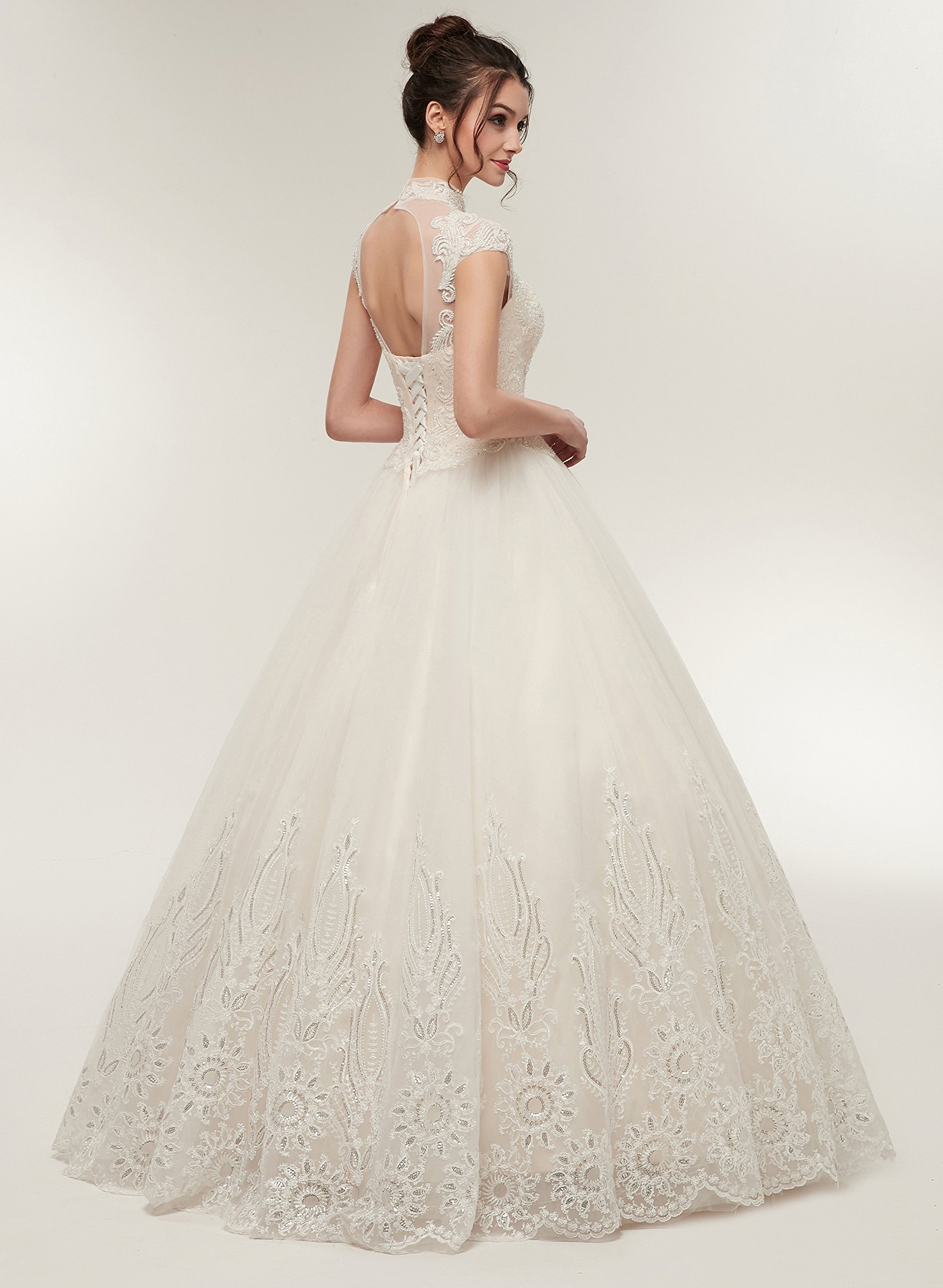 Elegant Beaded Sequins Applique Tulle Wedding Dress for Women - High Neck Bridal Gown for Church Ceremony, Ballroom Reception & Formal Occasions